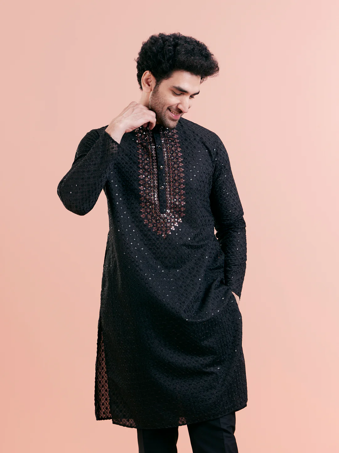 Black Silk Blend Embroidered Long Kurta set - Image 4