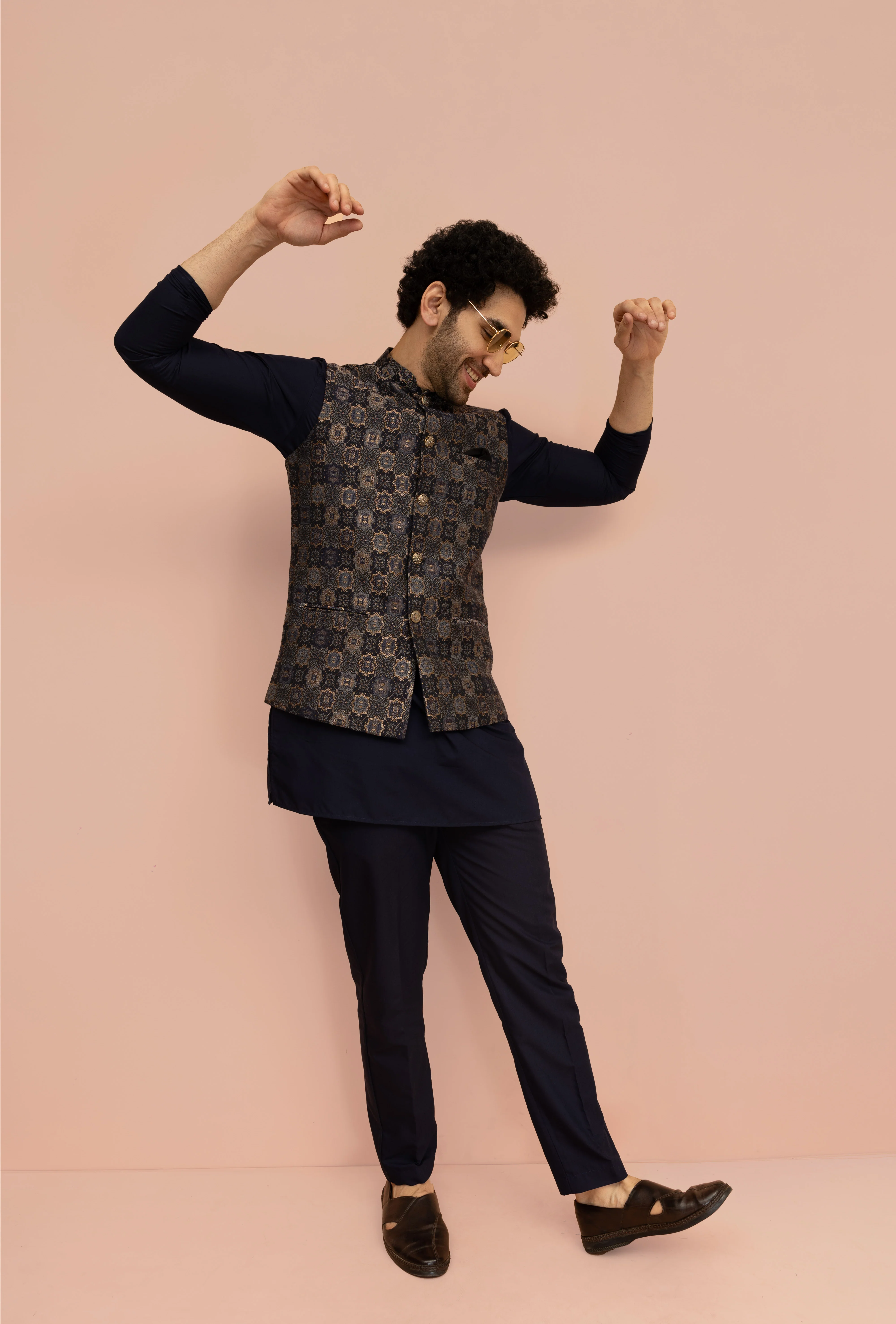 Navy Blue Geometric Nehru Jacket Kurta Set
