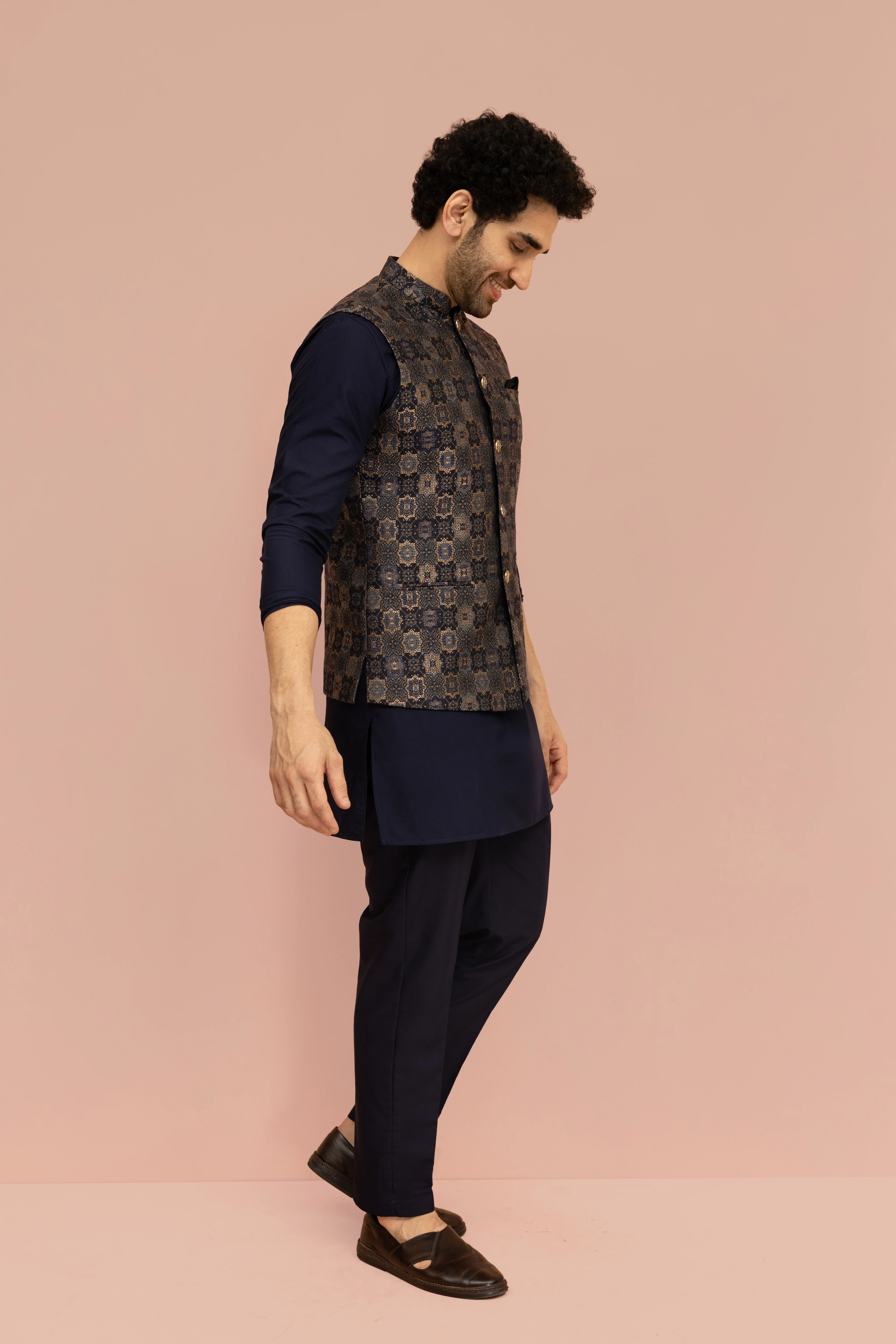 Navy Blue Geometric Nehru Jacket Kurta Set - Image 3