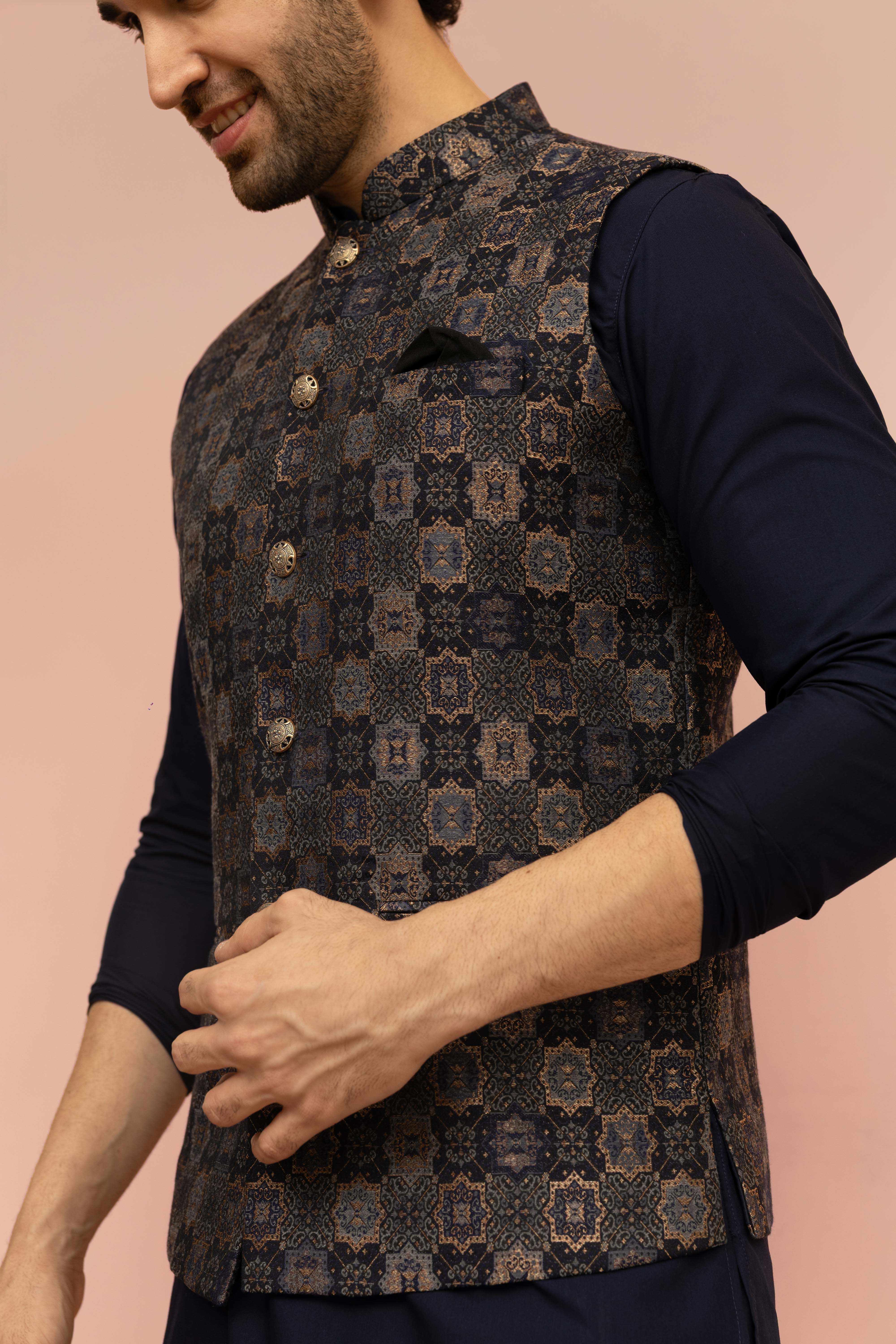 Navy Blue Geometric Nehru Jacket Kurta Set - Image 5