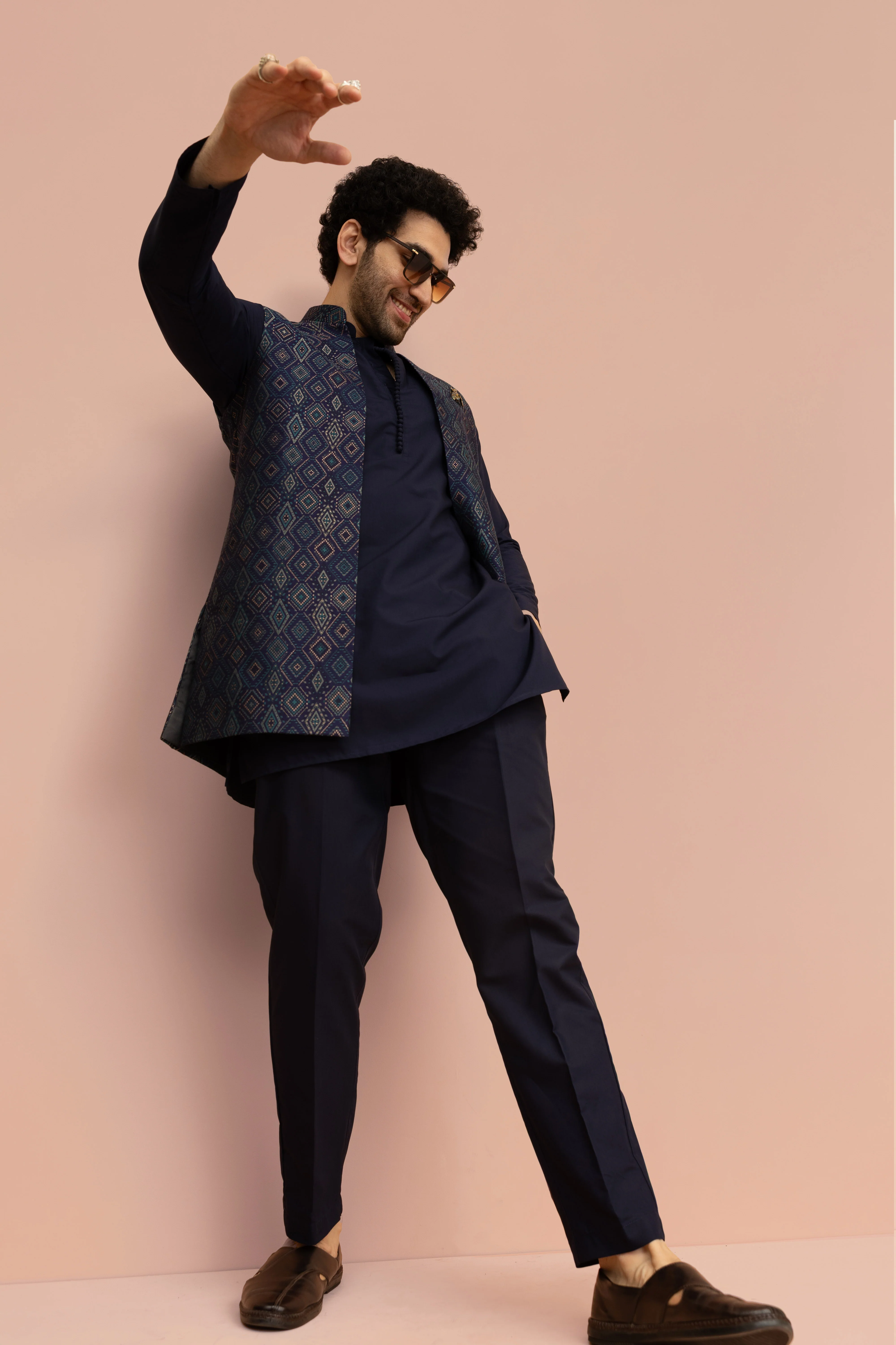 Navy Blue Cotton Silk Geometric Nehru Jacket Kurta Trouser
