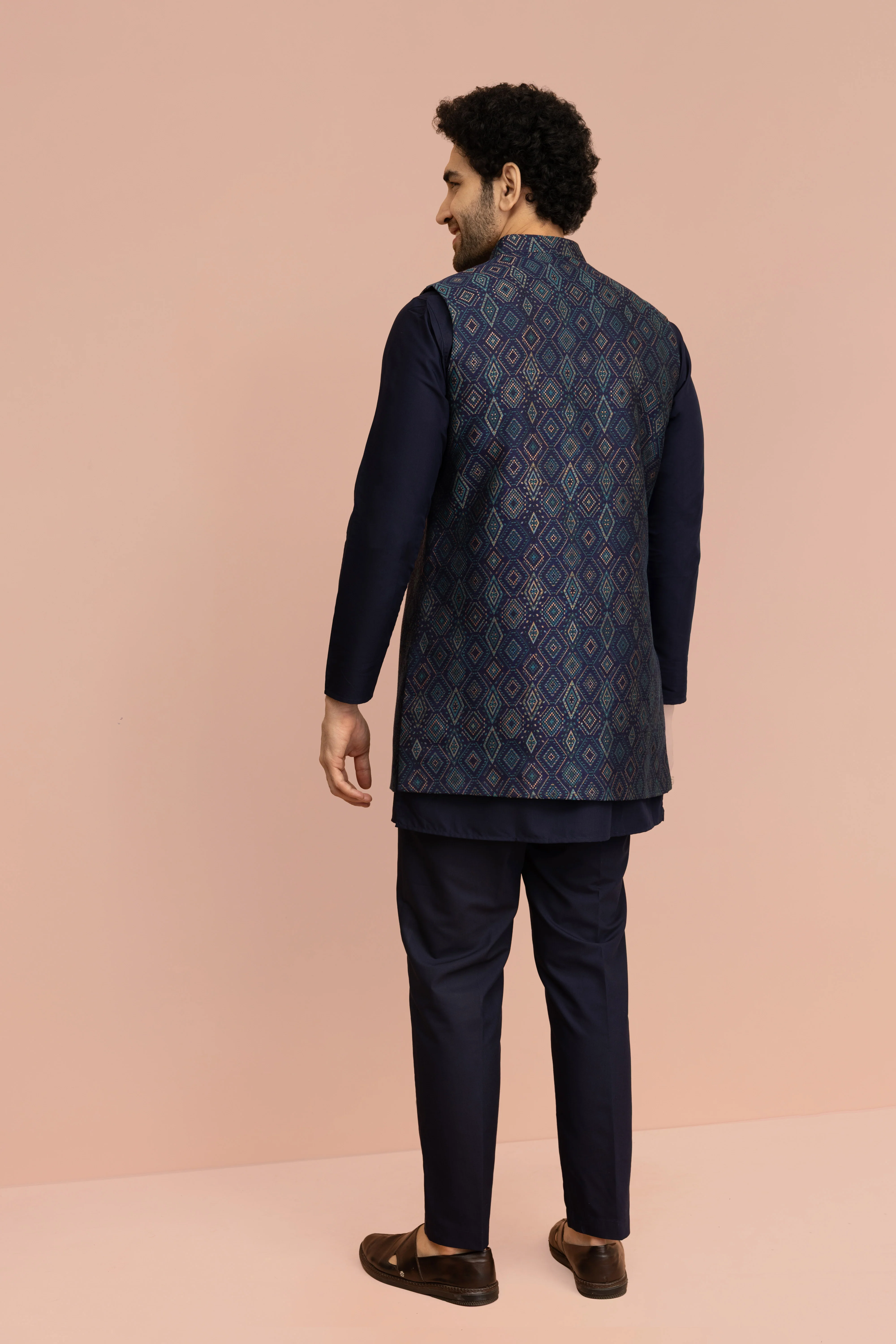 Navy Blue Cotton Silk Geometric Nehru Jacket Kurta Trouser - Image 4