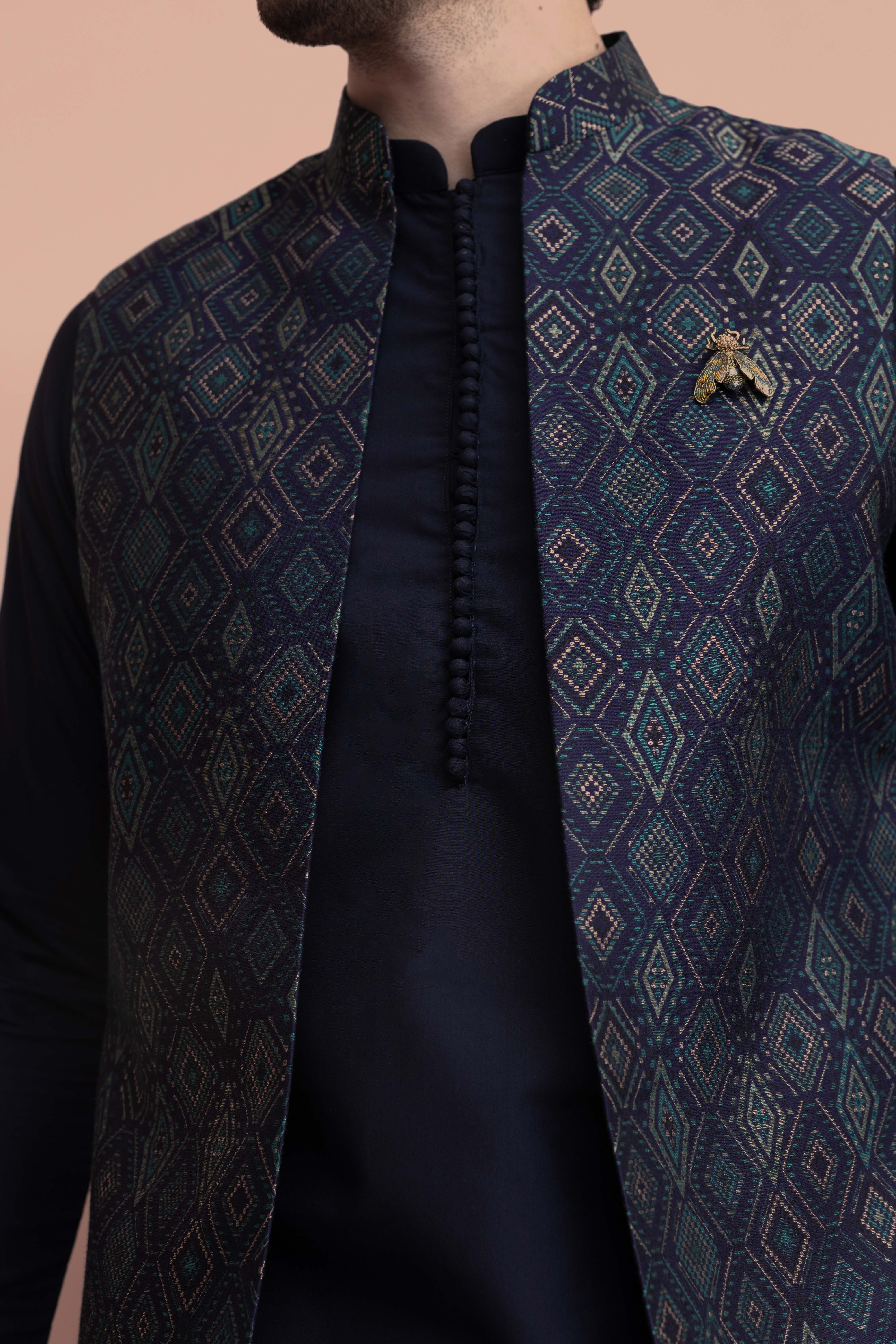Navy Blue Cotton Silk Geometric Nehru Jacket Kurta Trouser - Image 5