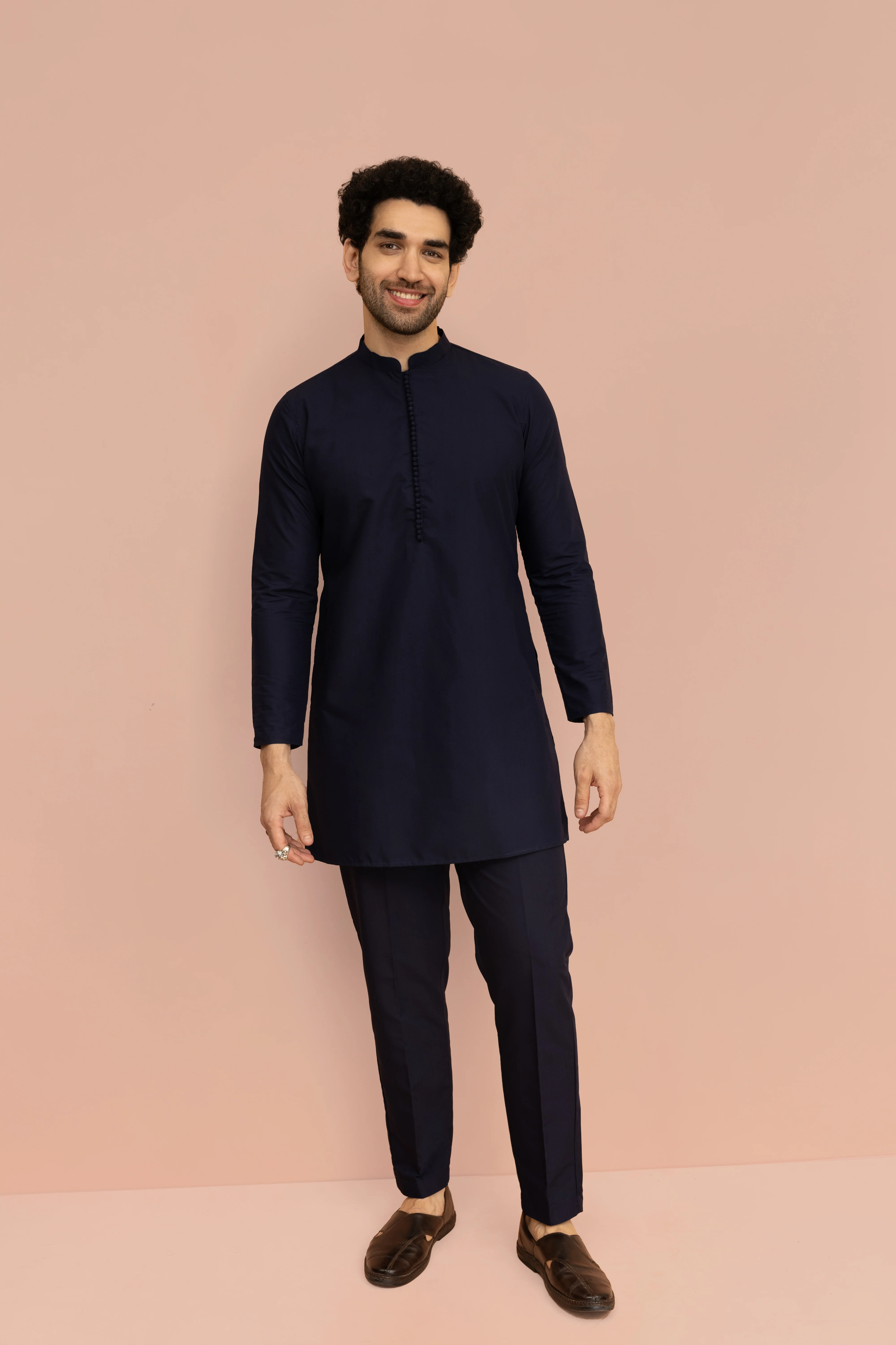 Navy Blue Cotton Silk Geometric Nehru Jacket Kurta Trouser - Image 7