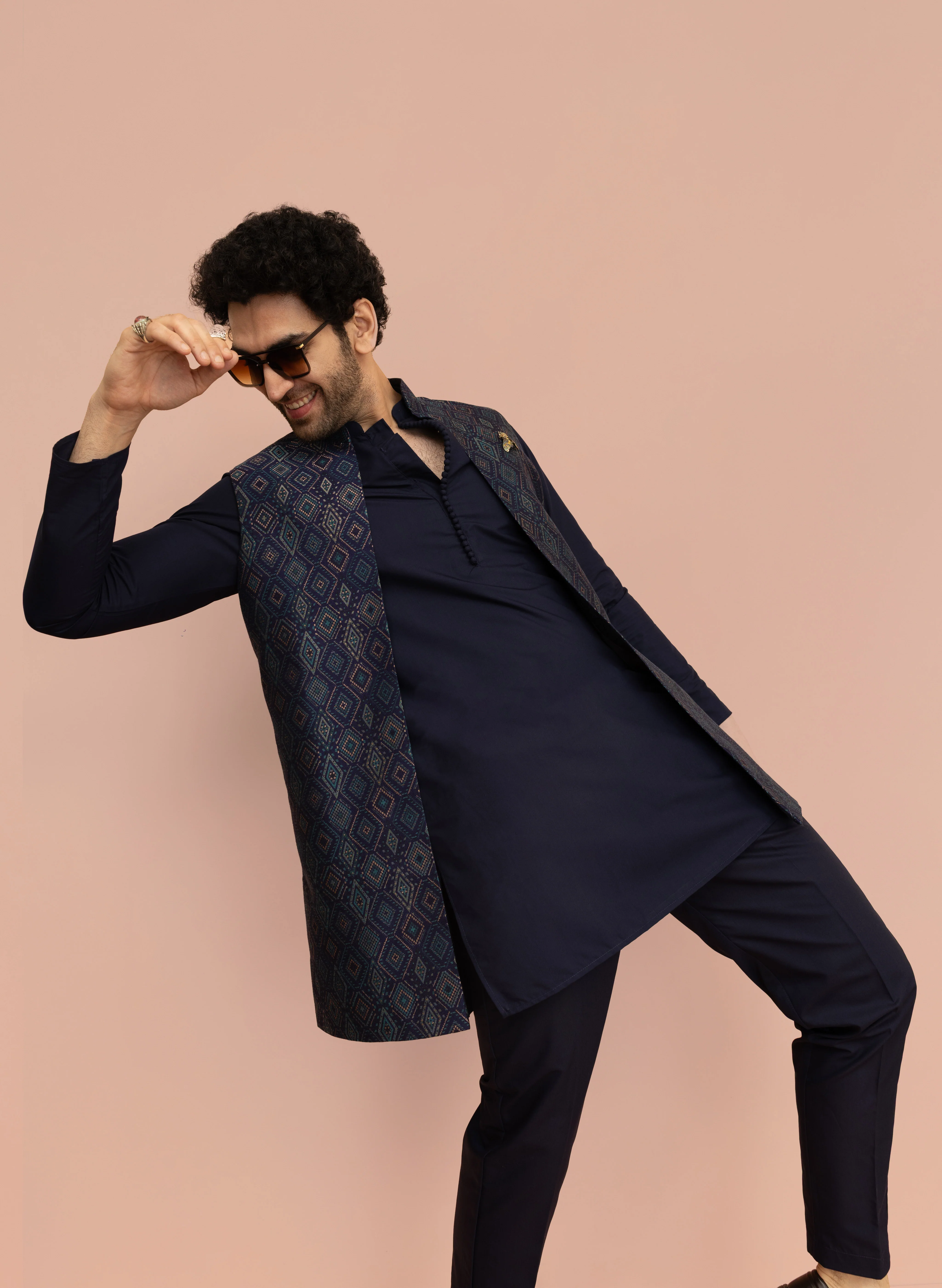 Navy Blue Cotton Silk Geometric Nehru Jacket Kurta Trouser - Image 8