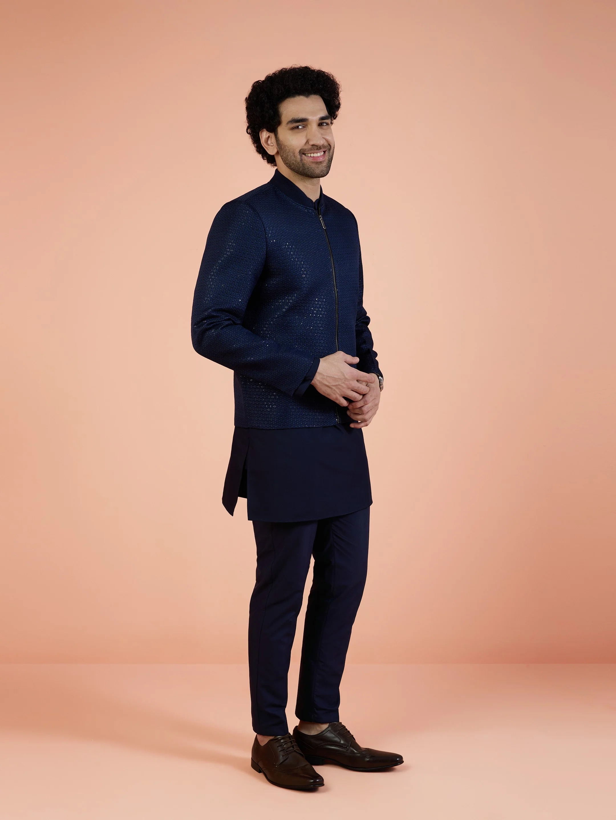 Men Navy Blue Woven Design Kurta Bomber Jacket Trouser Set with Sequence - Image 3