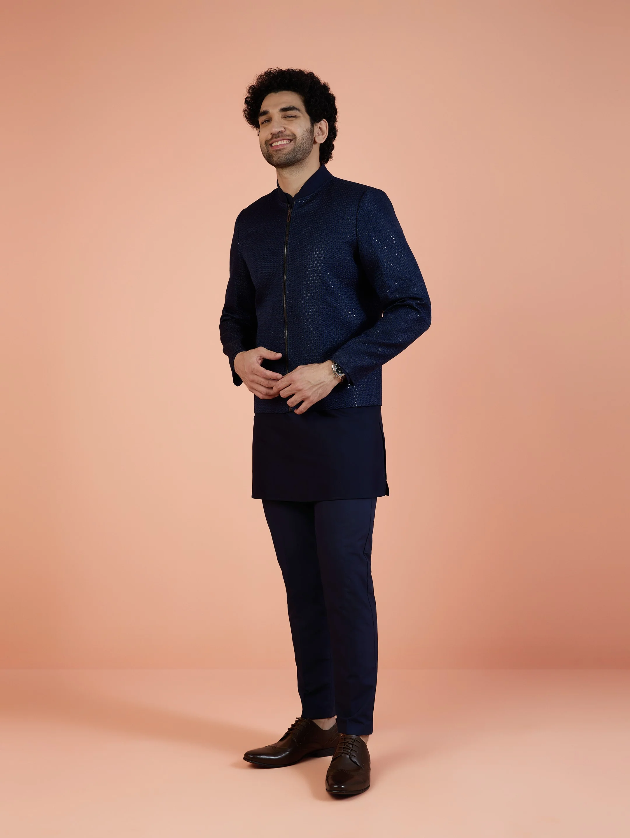 Men Navy Blue Woven Design Kurta Bomber Jacket Trouser Set with Sequence - Image 4