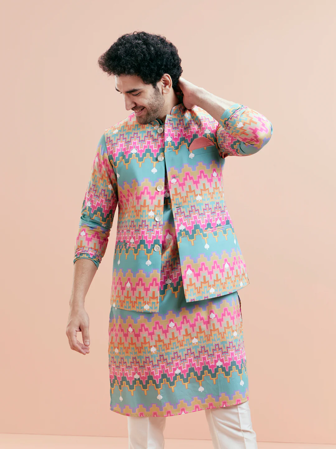 Multicolor Jacket Kurta Trouser Set - Image 5
