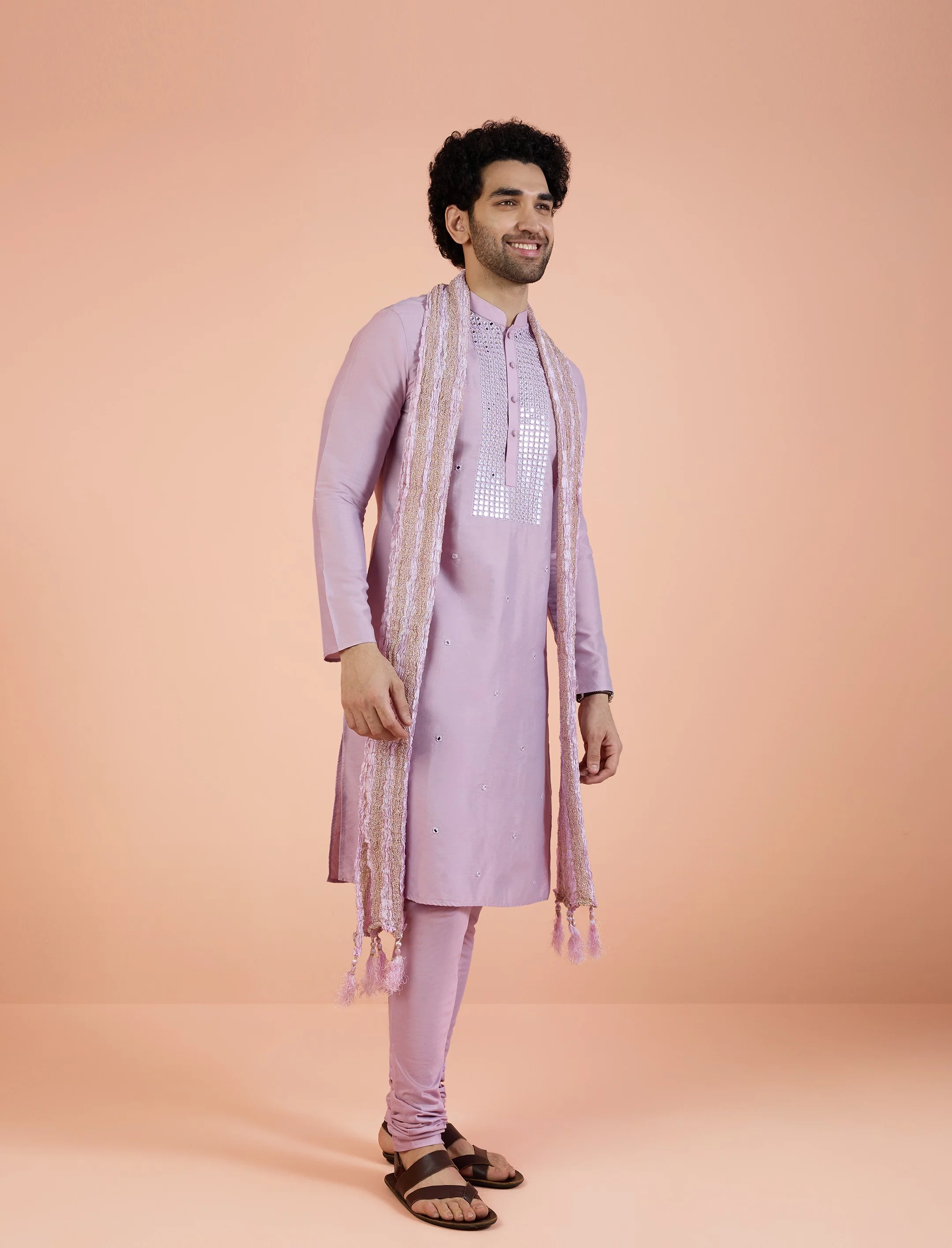 Lilac Silk Mirror Work Kurta Churidar Dupatta - Image 3