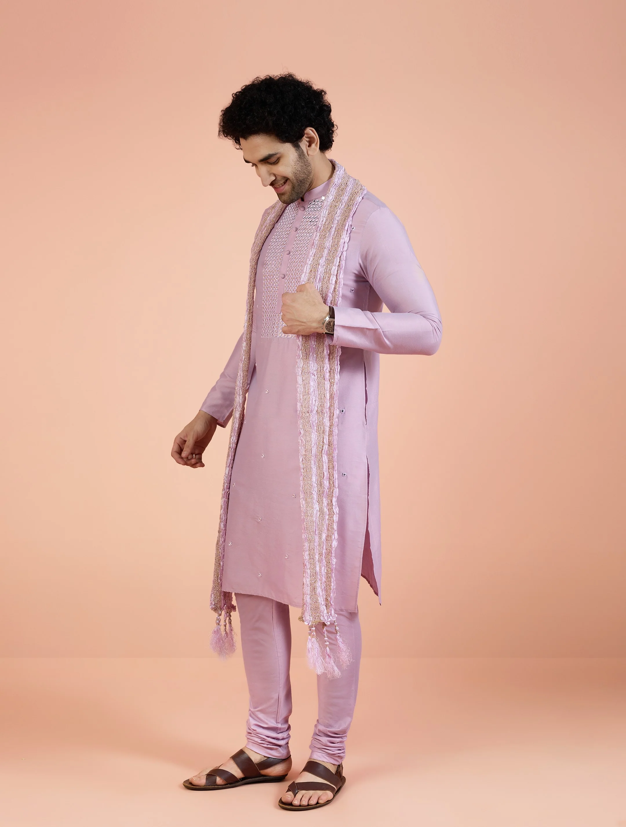 Lilac Silk Mirror Work Kurta Churidar Dupatta - Image 4