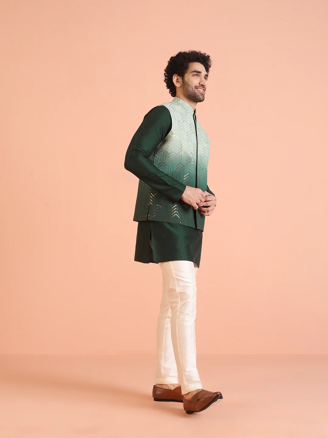 Green Ombre Sequinned Nehru Jacket Set - Image 2