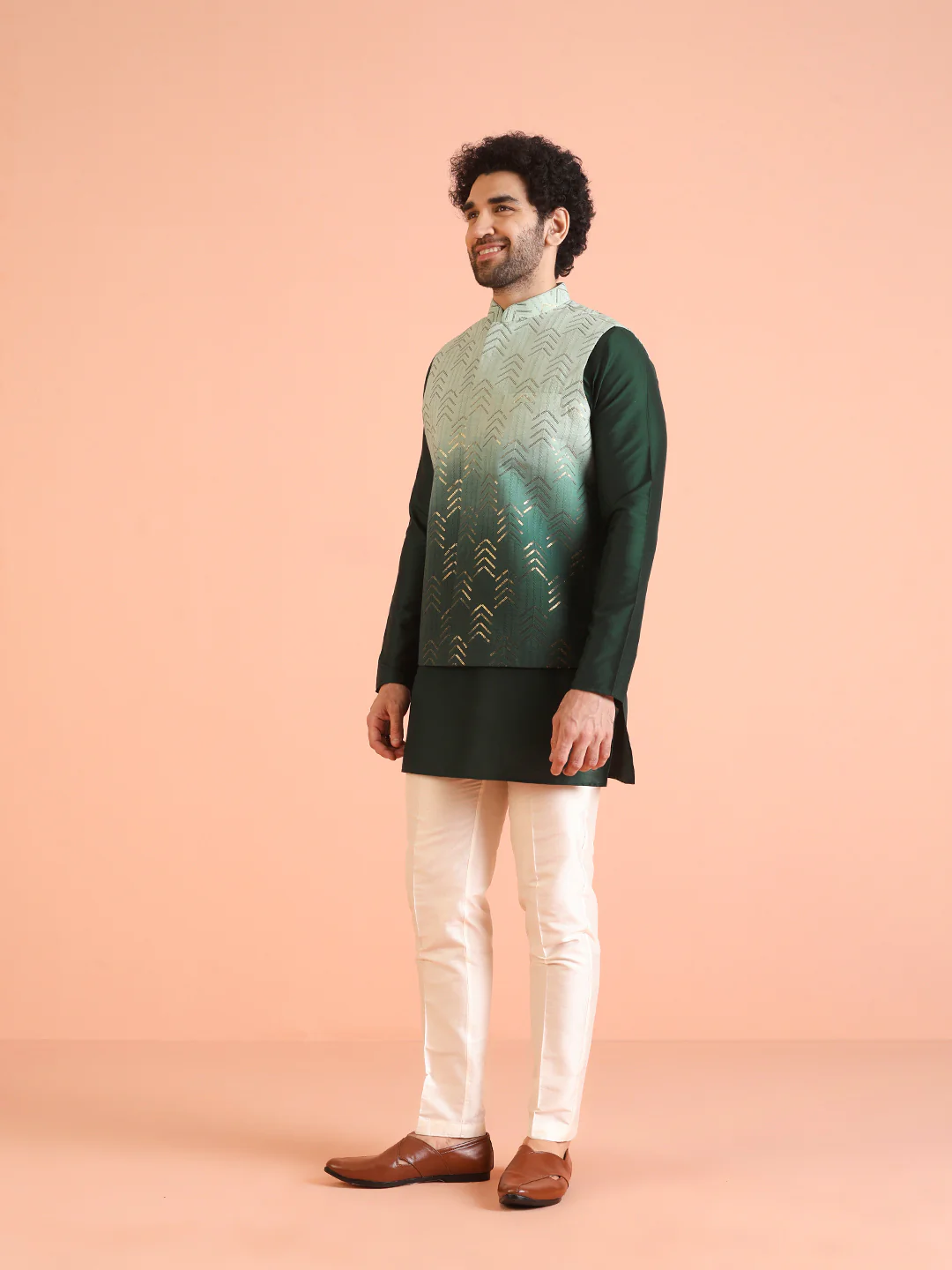 Green Ombre Sequinned Nehru Jacket Set - Image 3