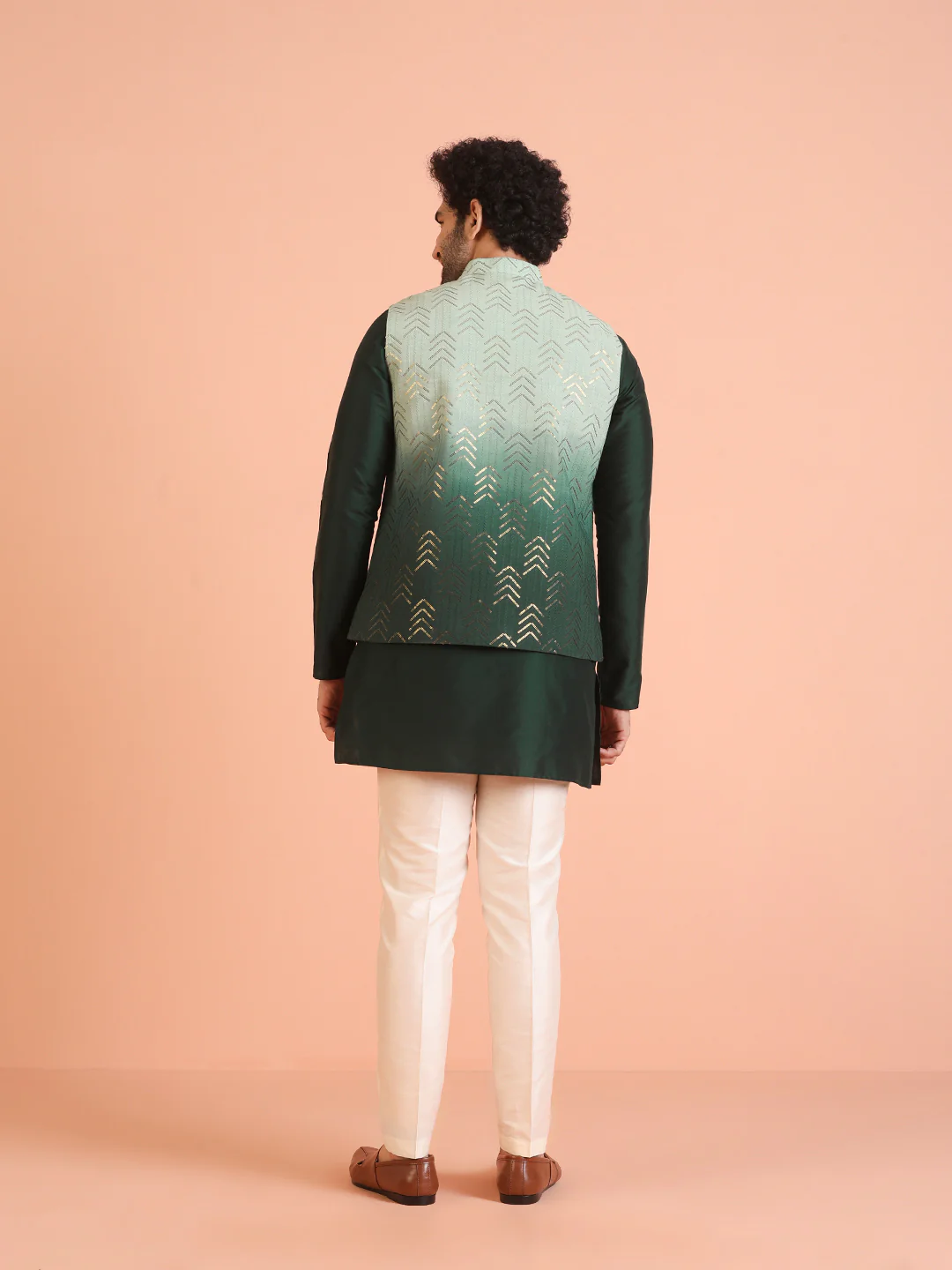 Green Ombre Sequinned Nehru Jacket Set - Image 4