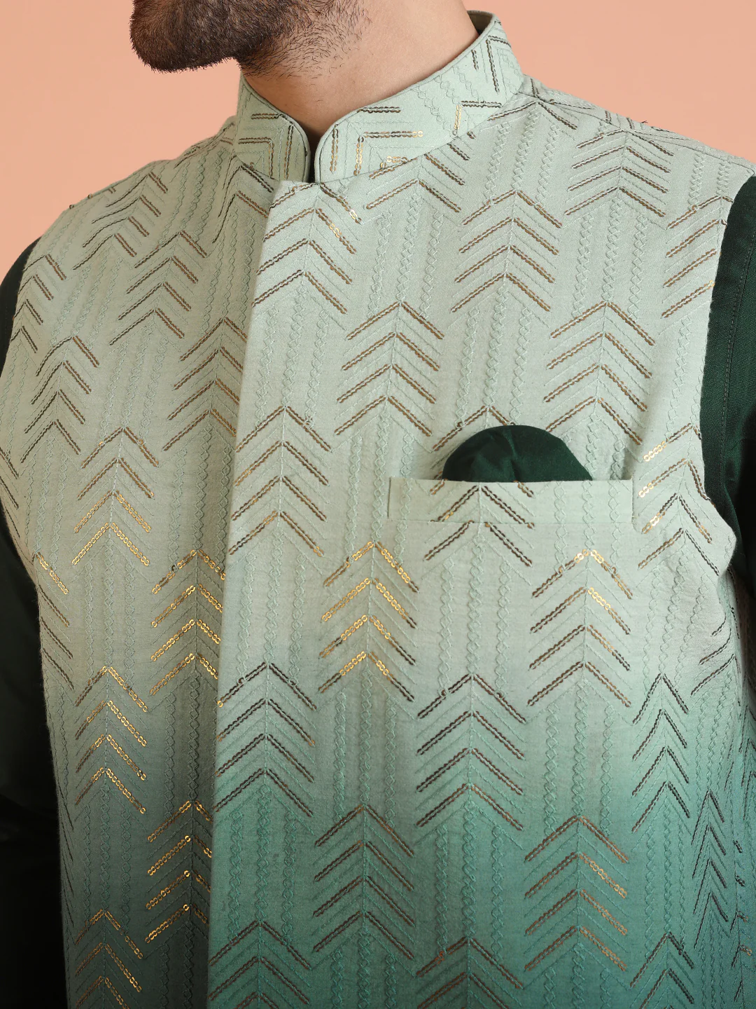 Green Ombre Sequinned Nehru Jacket Set - Image 5