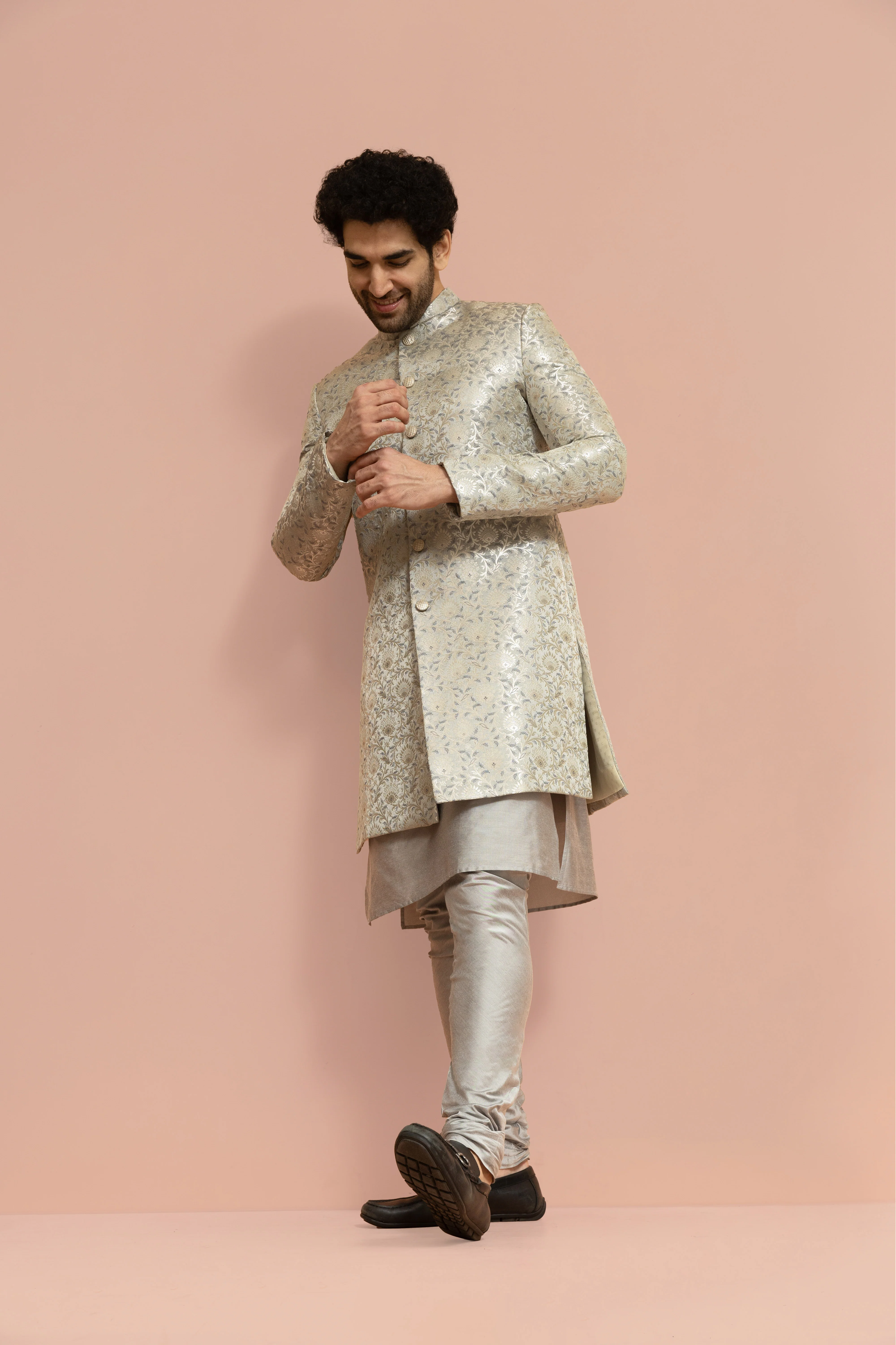 Men Grey Jacquard Floral Kurta Indowestern Churidar Set