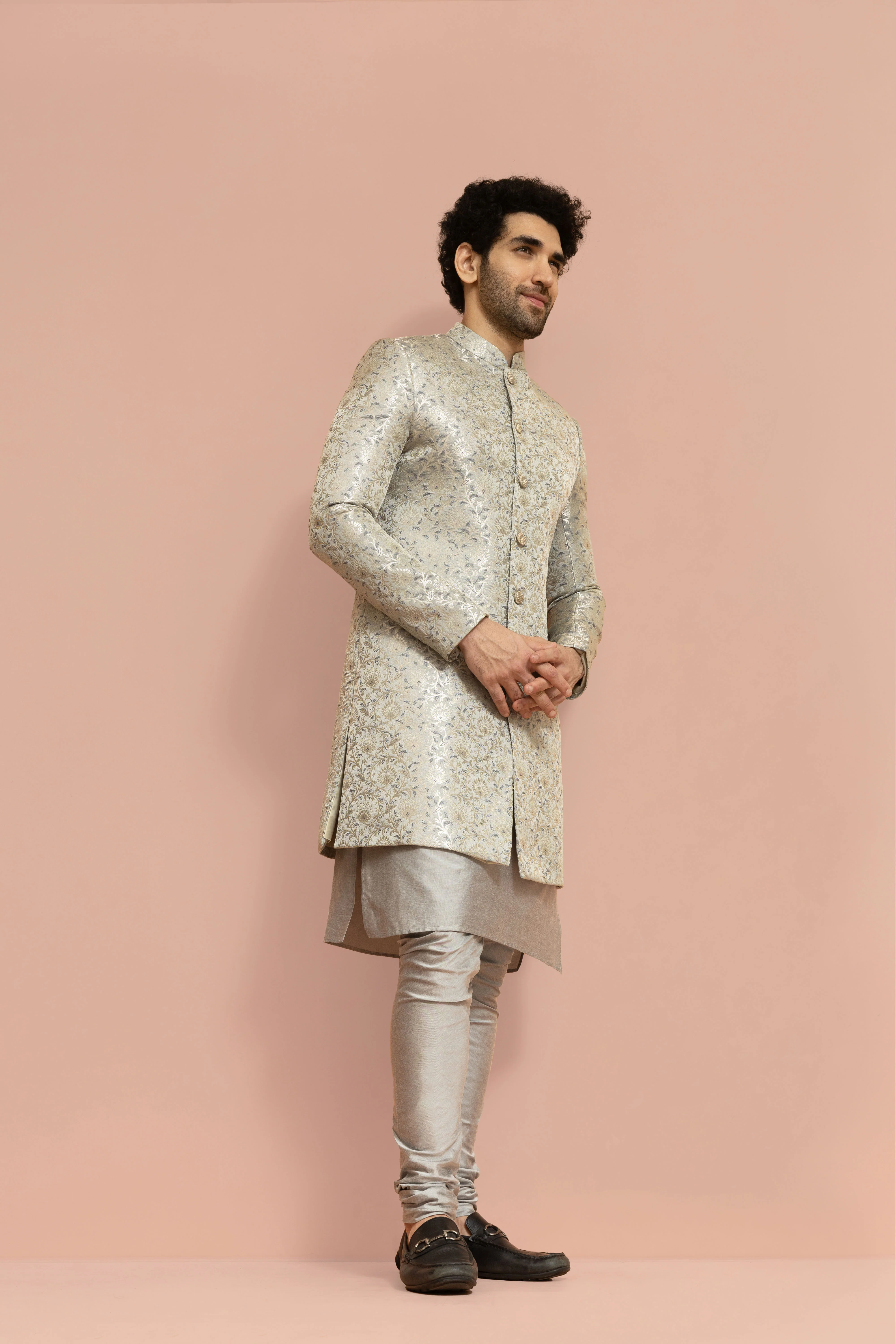 Men Grey Jacquard Floral Kurta Indowestern Churidar Set - Image 2
