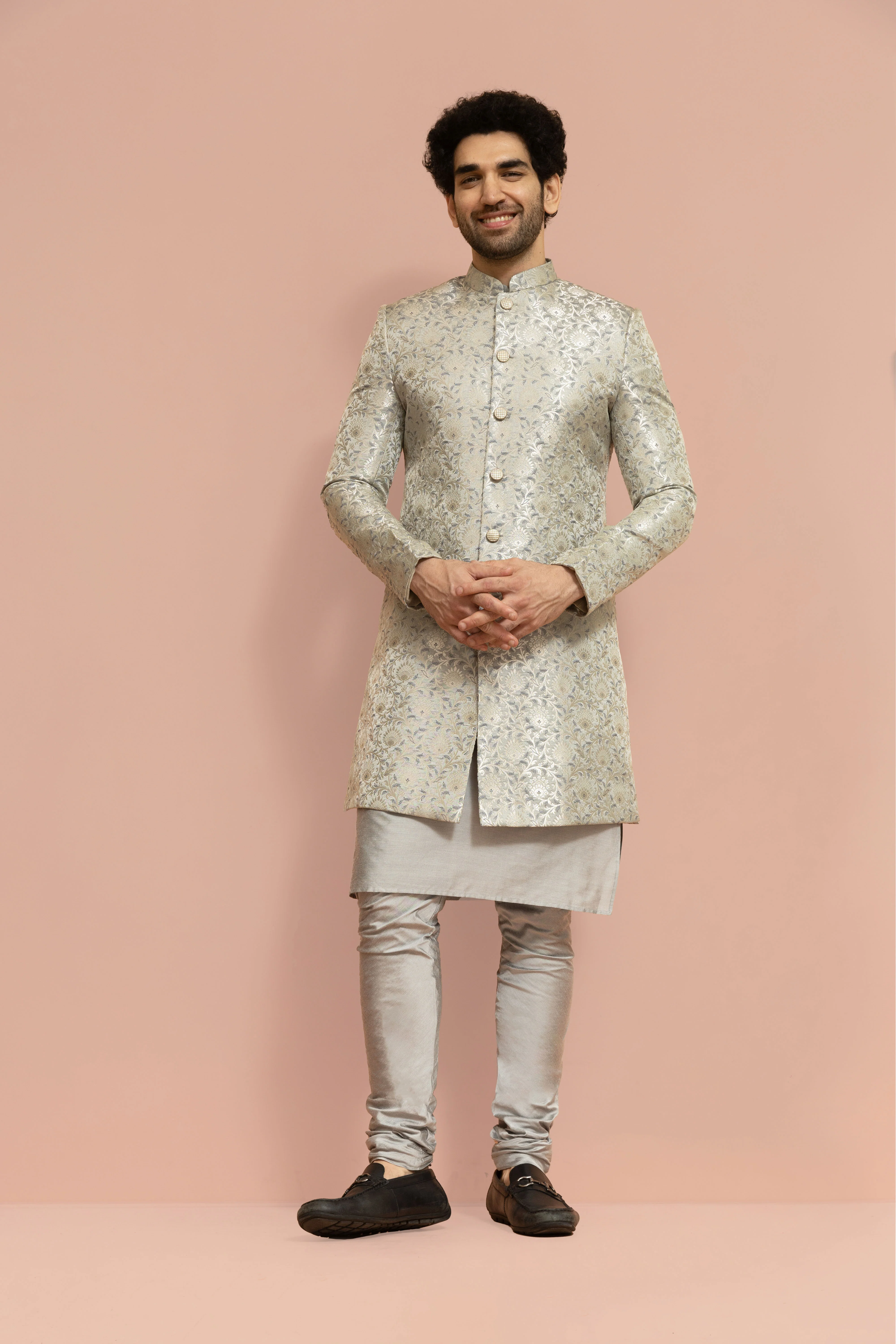 Men Grey Jacquard Floral Kurta Indowestern Churidar Set - Image 3
