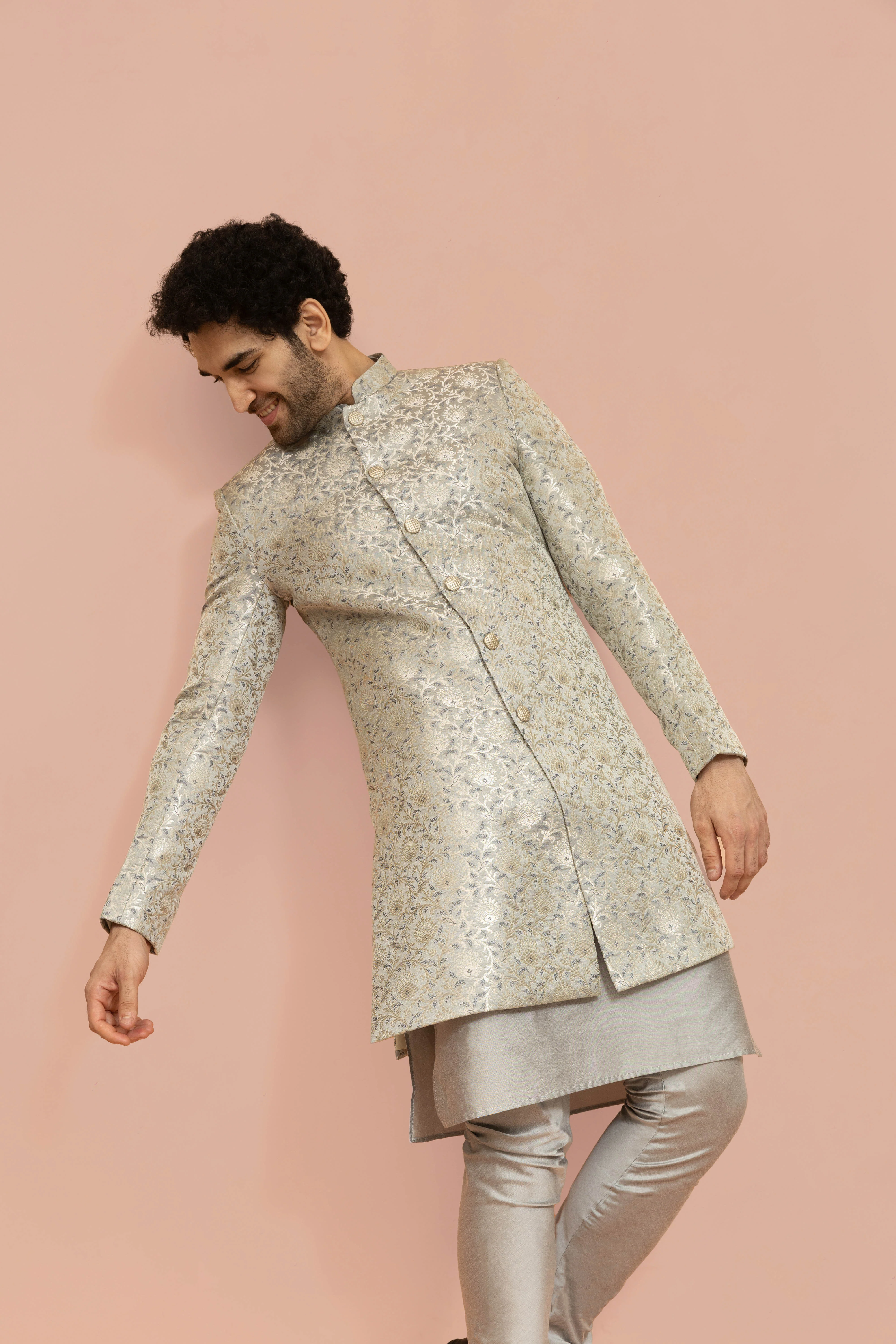 Men Grey Jacquard Floral Kurta Indowestern Churidar Set - Image 8