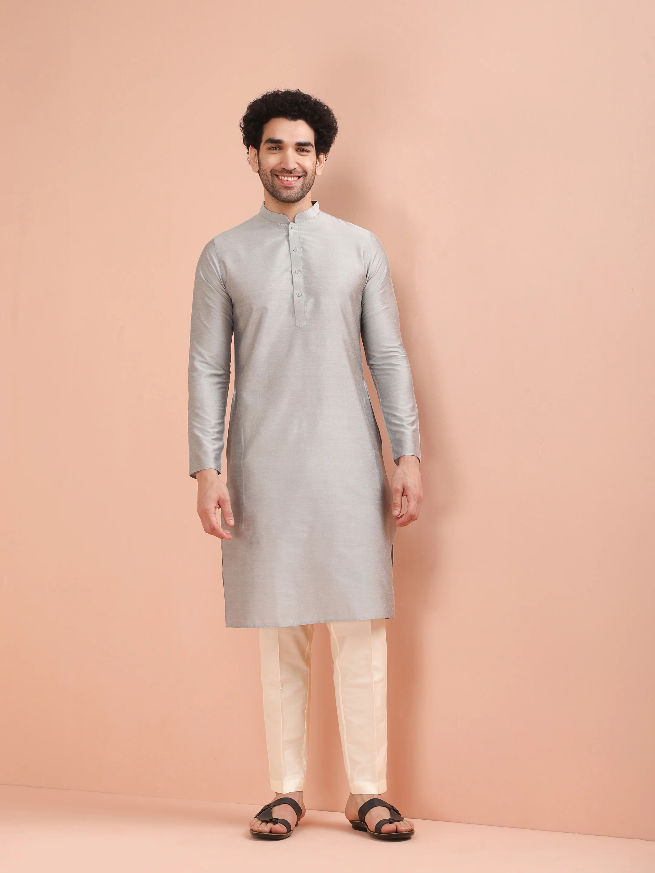 Men Grey Solid Kurta - Image 8