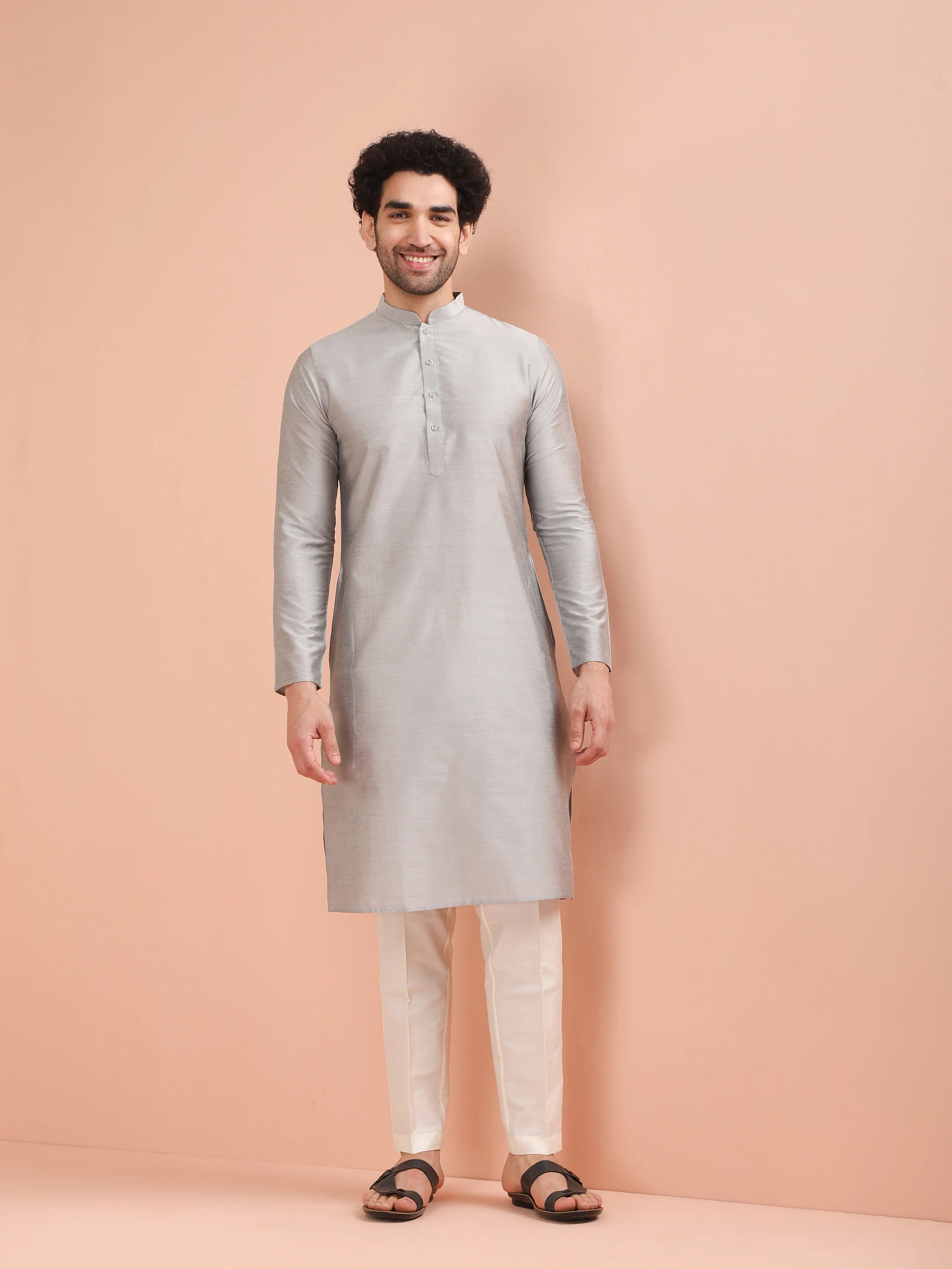 Men Grey Solid Kurta Trouser Set - Image 8
