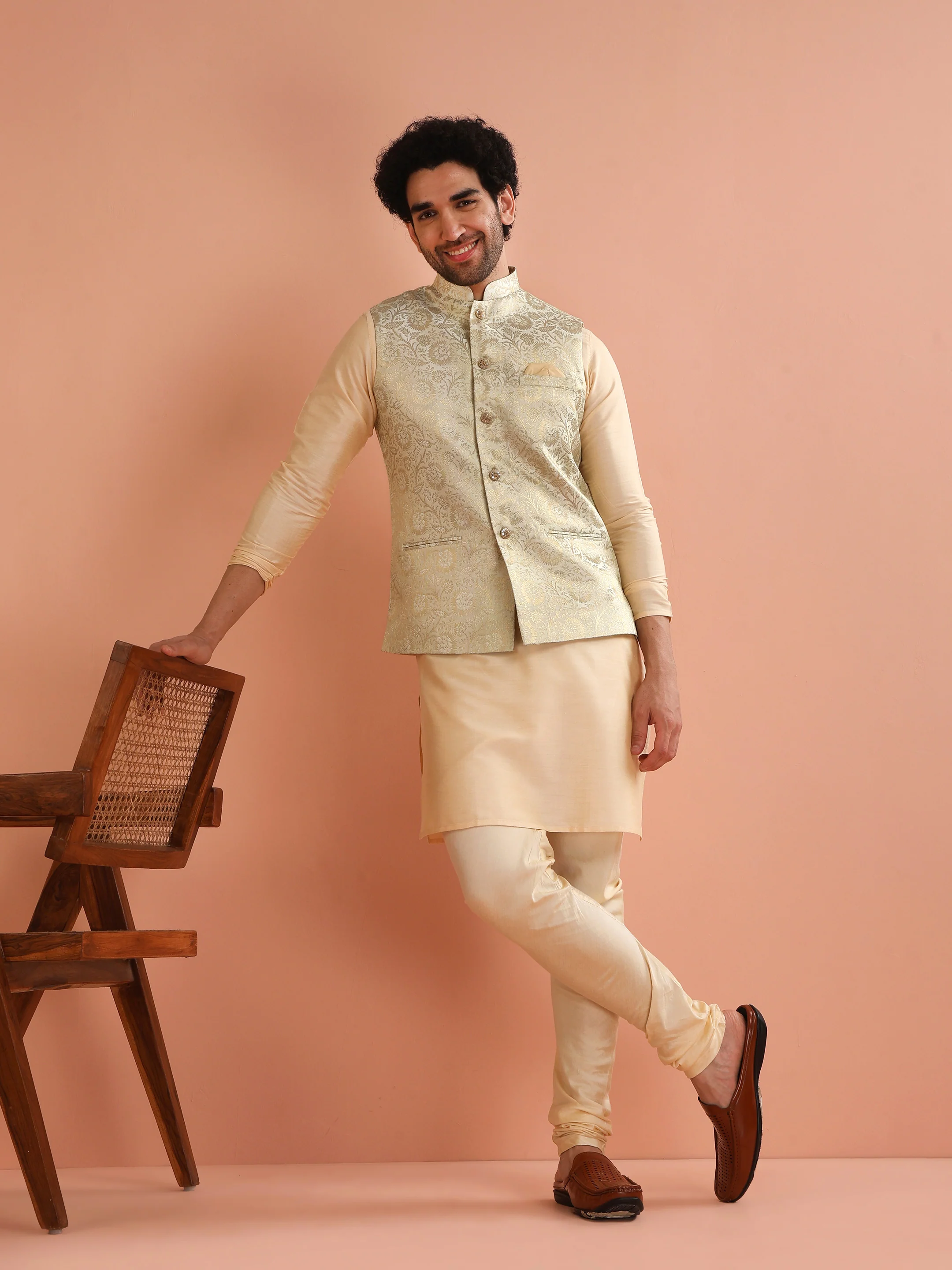 Men Cream Jacquard Kurta Jacket Churidar Set with Floral - Image 2