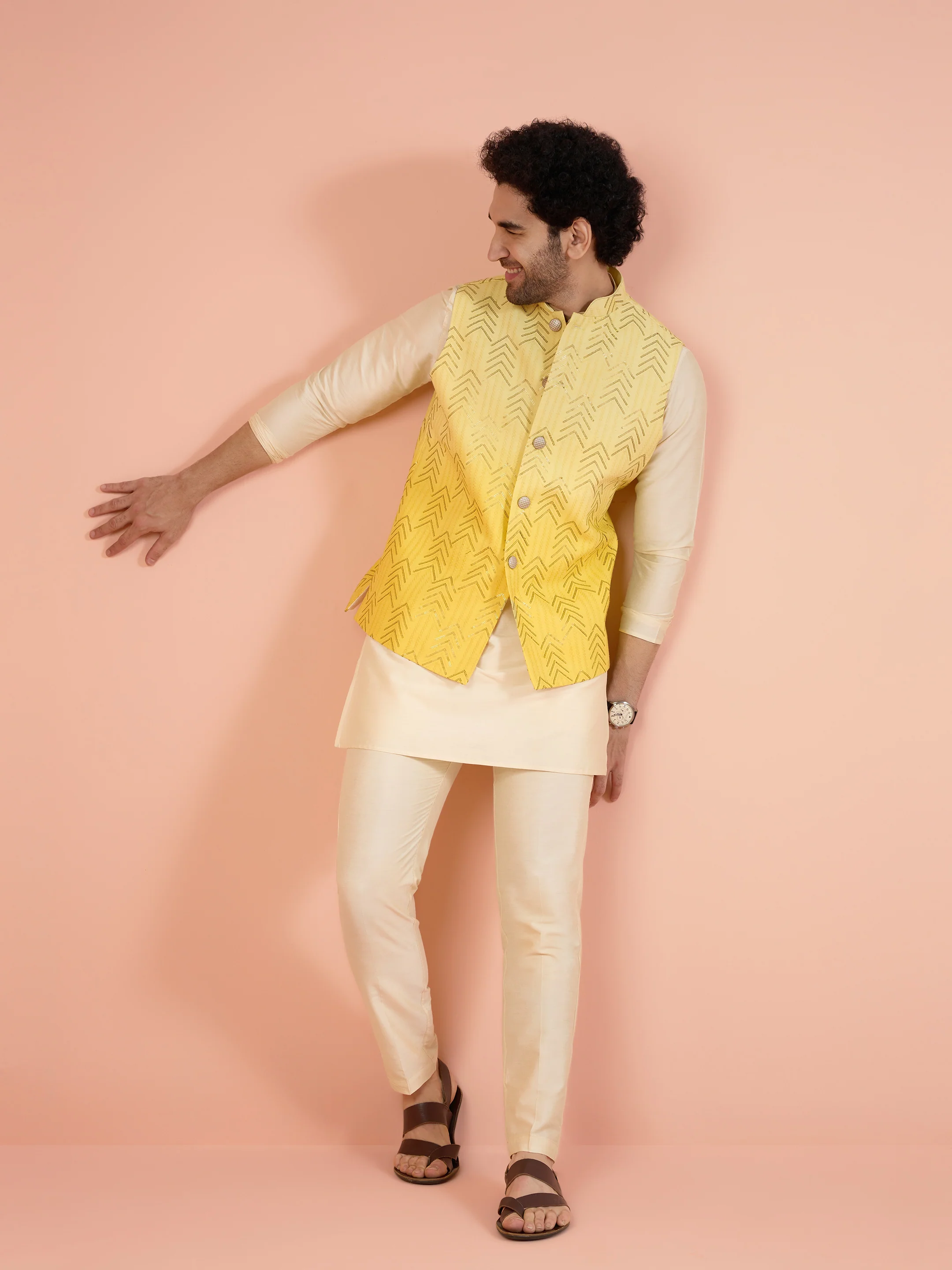 Yellow Ombre Sequinned Nehru Jacket Set