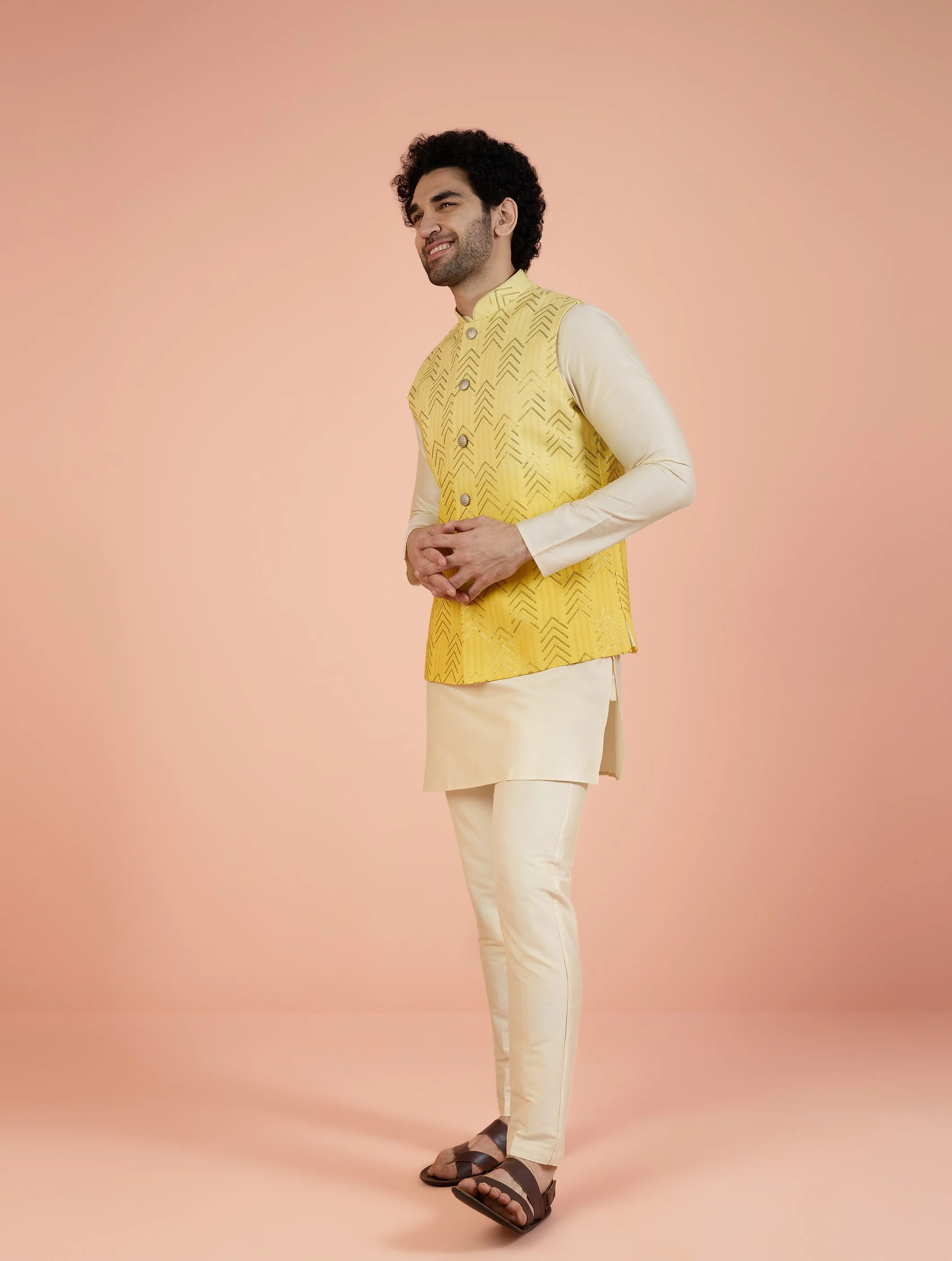 Yellow Ombre Sequinned Nehru Jacket Set - Image 2