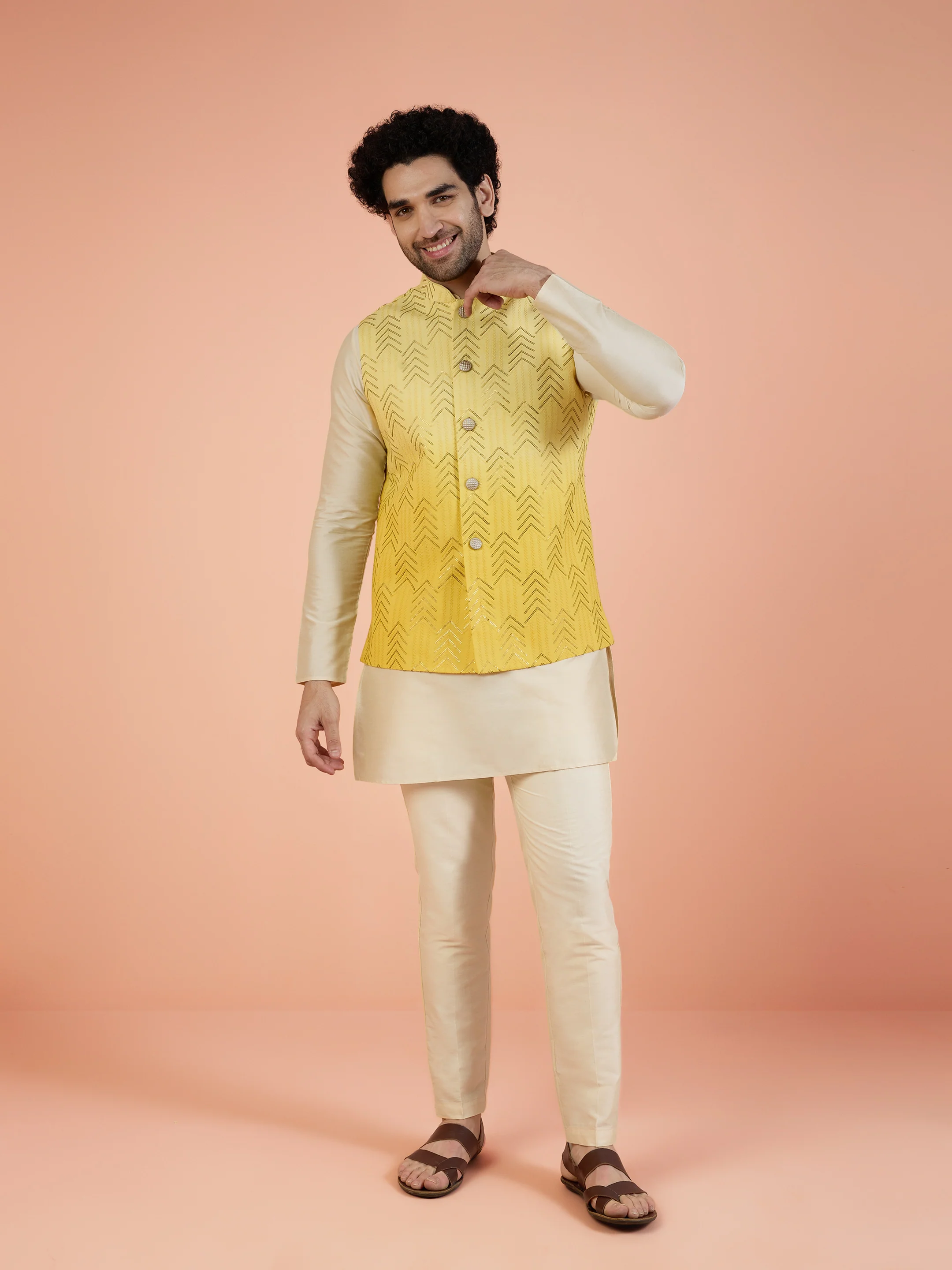 Yellow Ombre Sequinned Nehru Jacket Set - Image 3