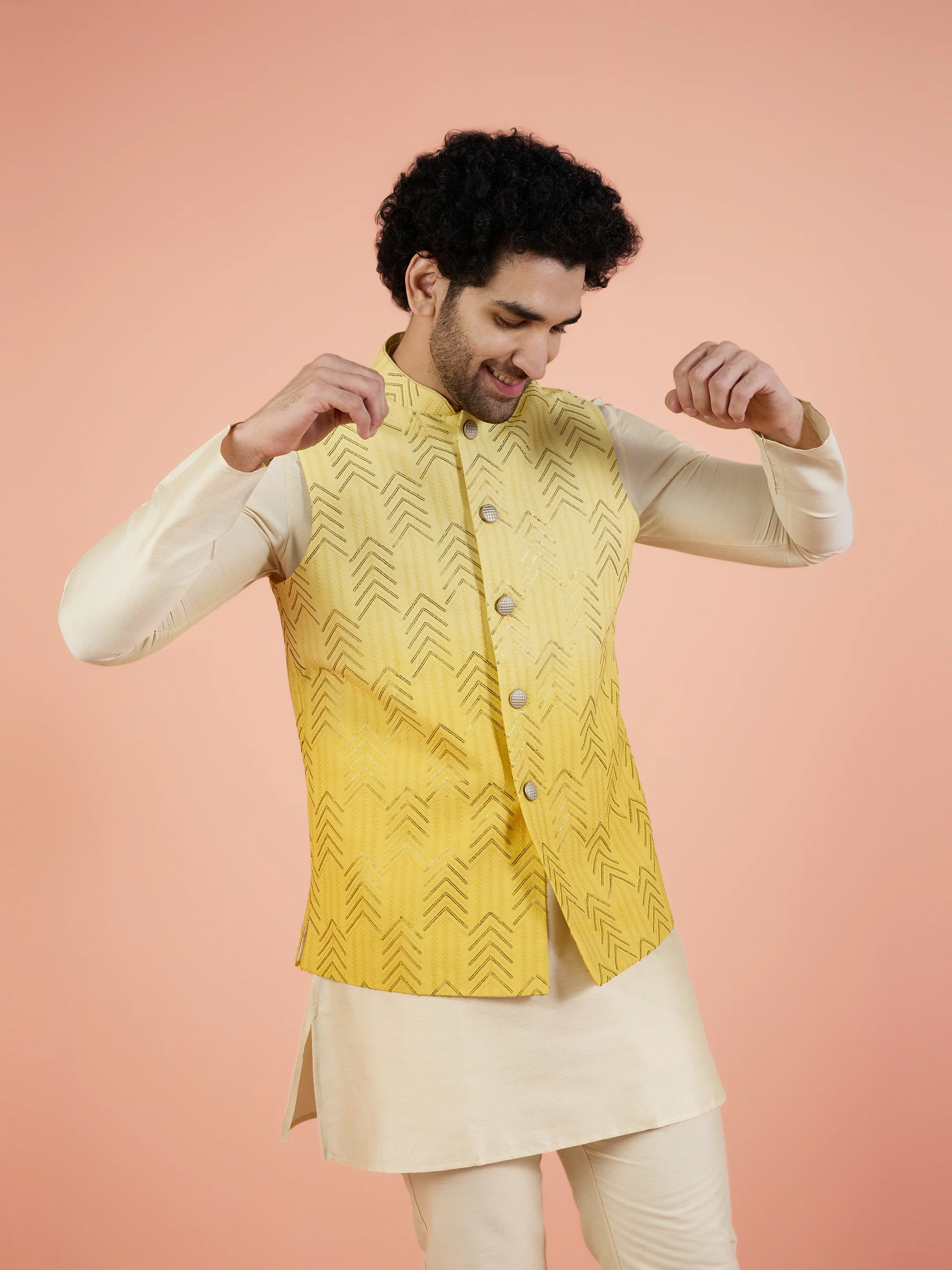 Yellow Ombre Sequinned Nehru Jacket Set - Image 6