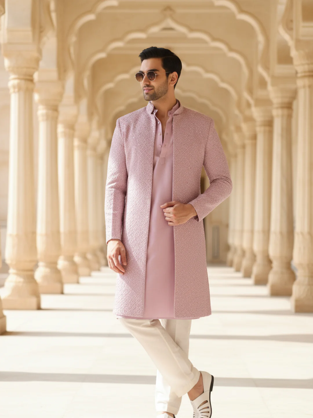 Men Pink Printed Kurta Indowestern Trouser Set with Abstract - Image 2