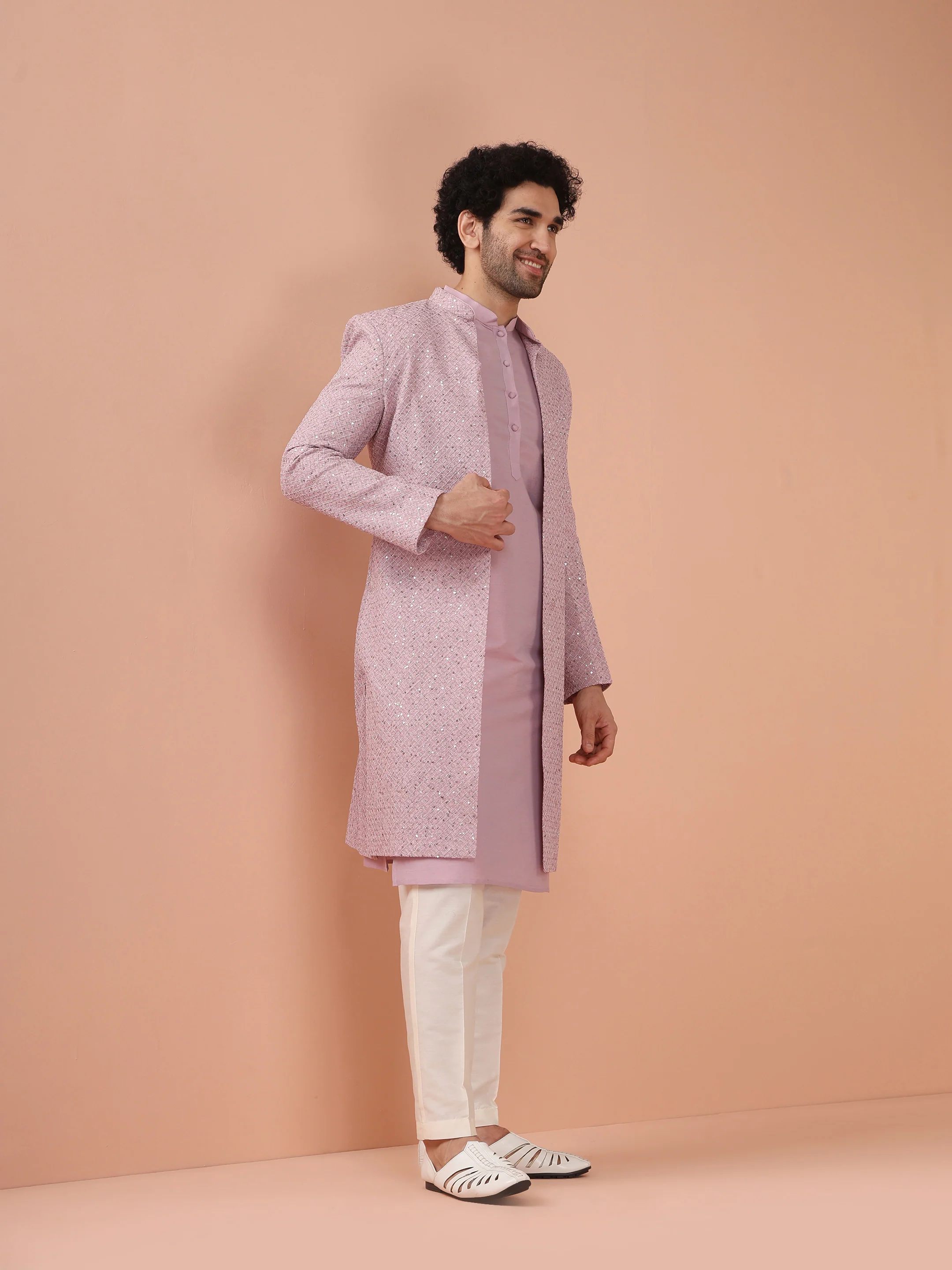Men Pink Printed Kurta Indowestern Trouser Set with Abstract - Image 4