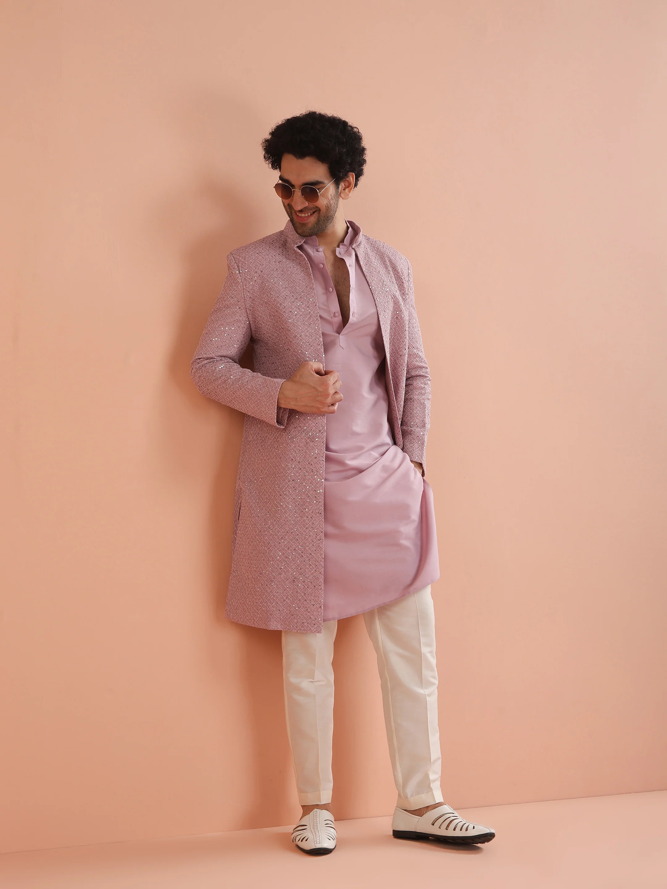 Men Pink Printed Kurta Indowestern Trouser Set with Abstract - Image 8