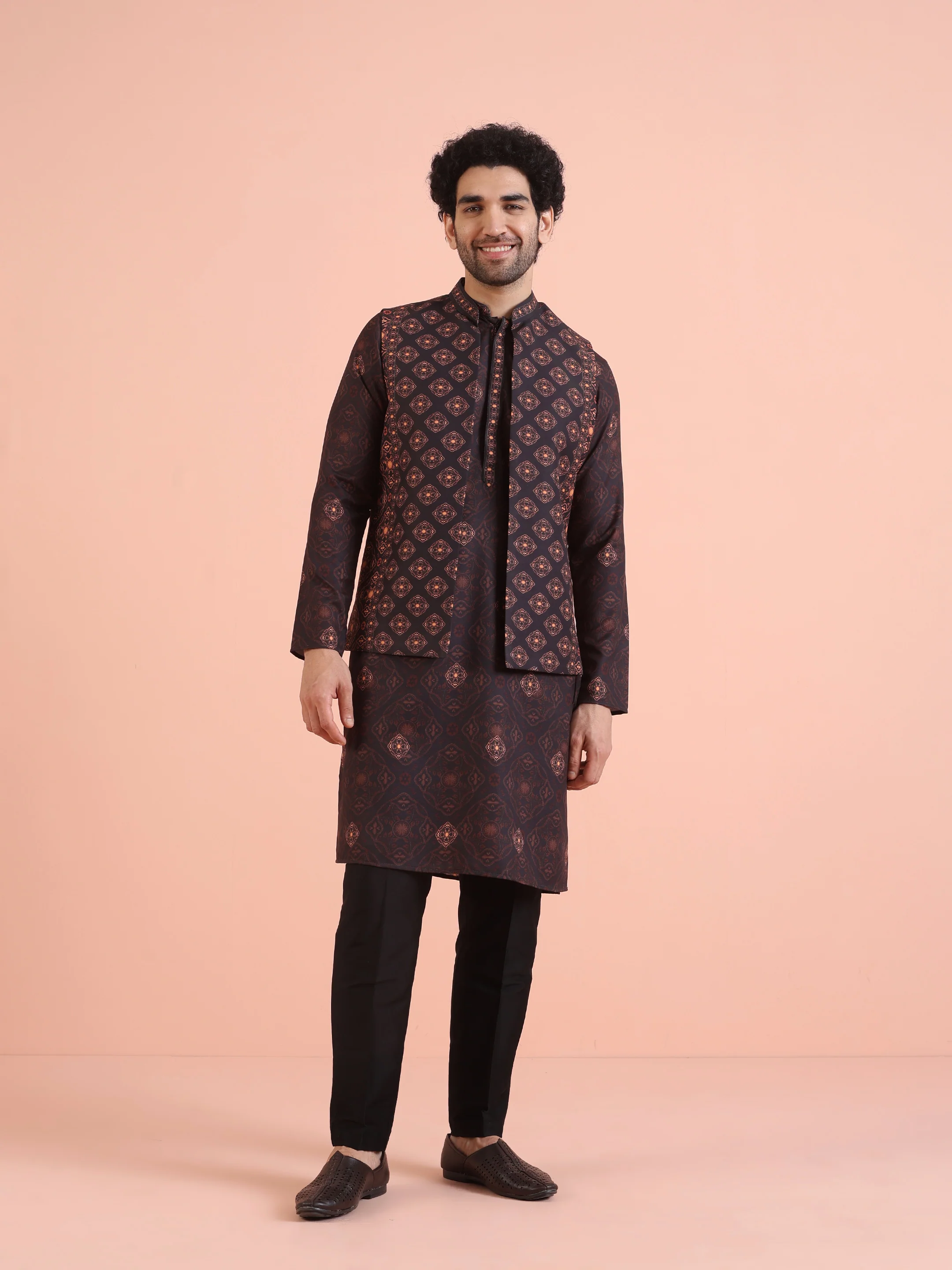 Black Printed Nehru Jacket Kurta Set - Image 7