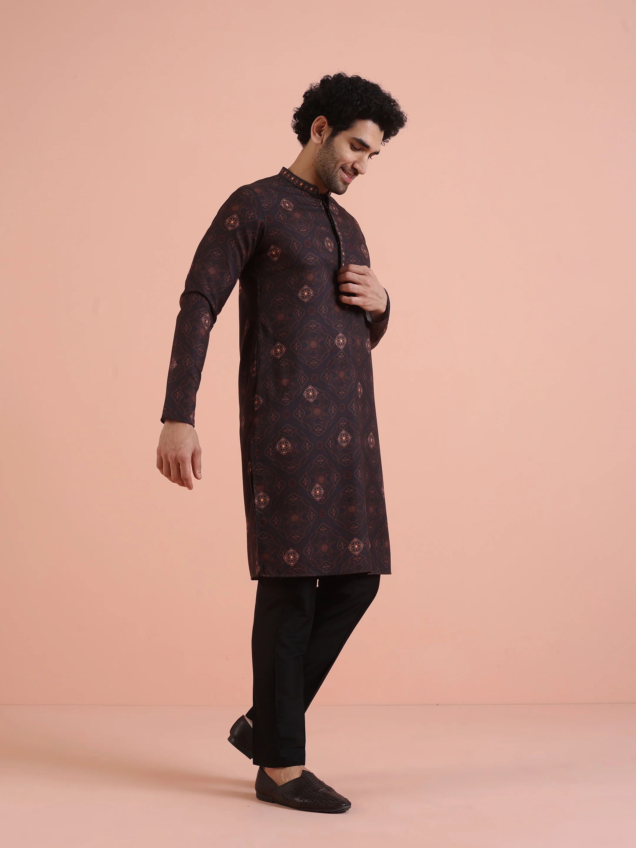 Men Black Printed Geometric Kurta Trouser Set - Image 2