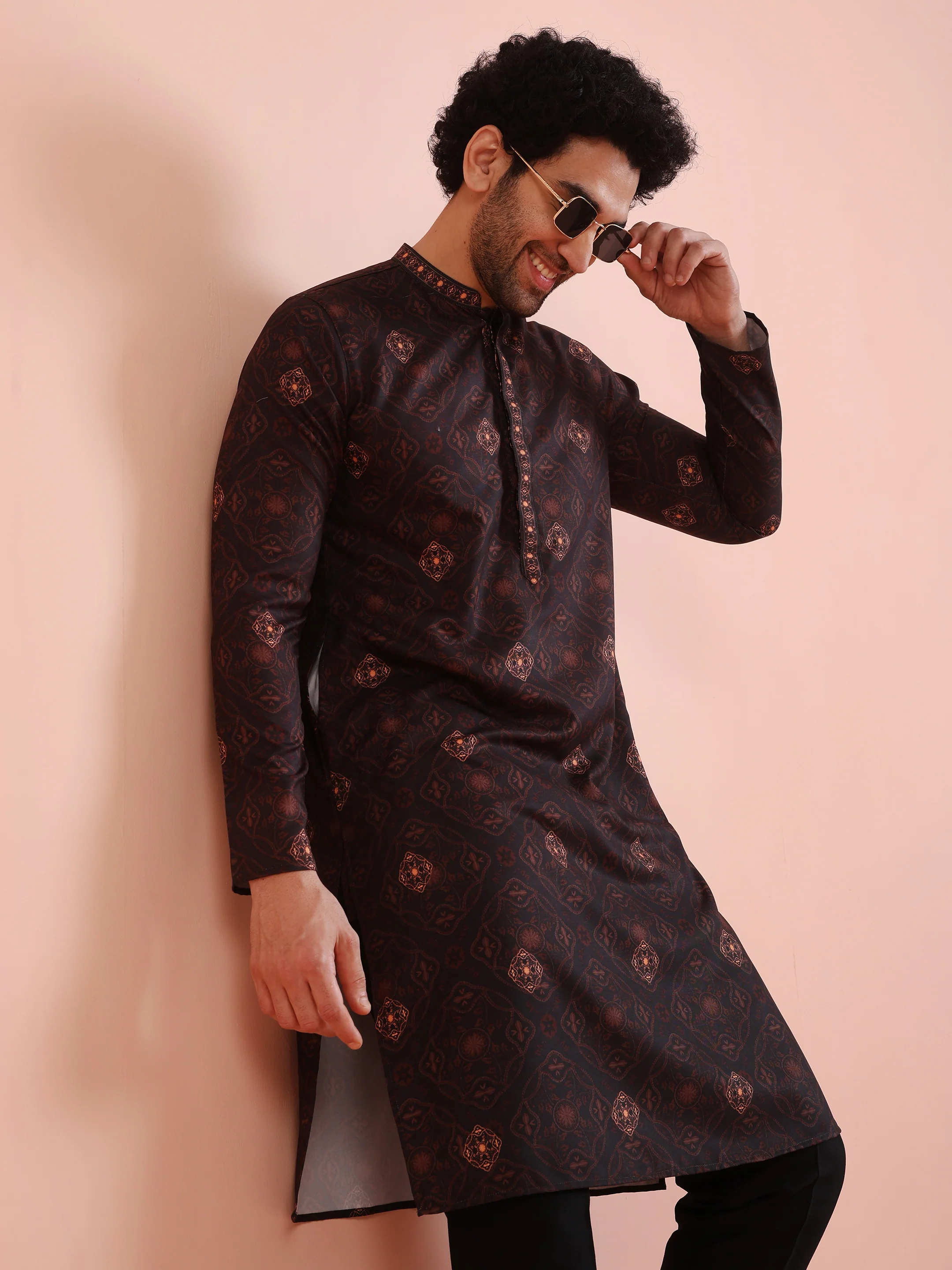 Men Black Printed Geometric Kurta Trouser Set - Image 7