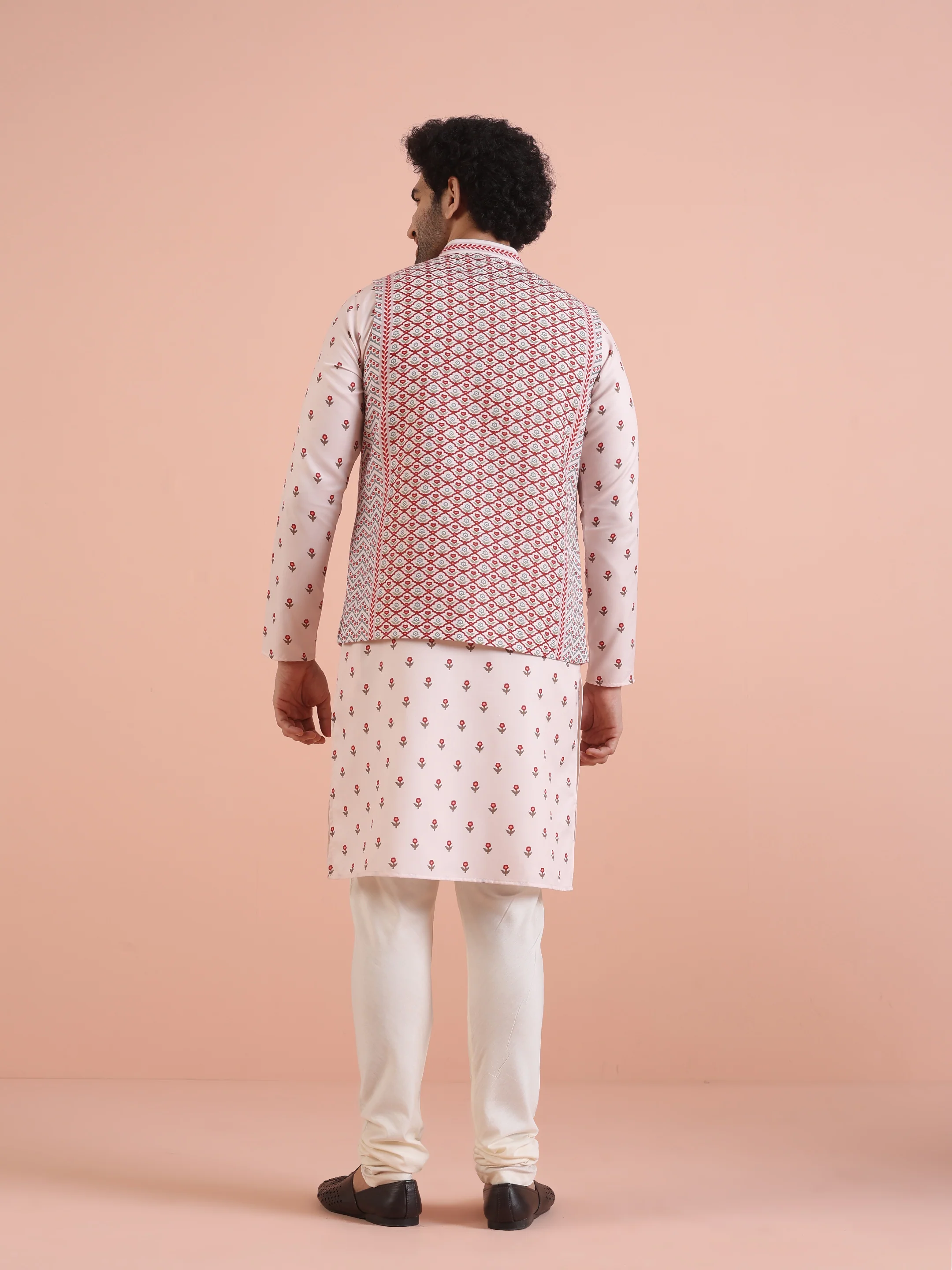 Cream Red Printed Nehru Jacket Kurta Set - Image 5