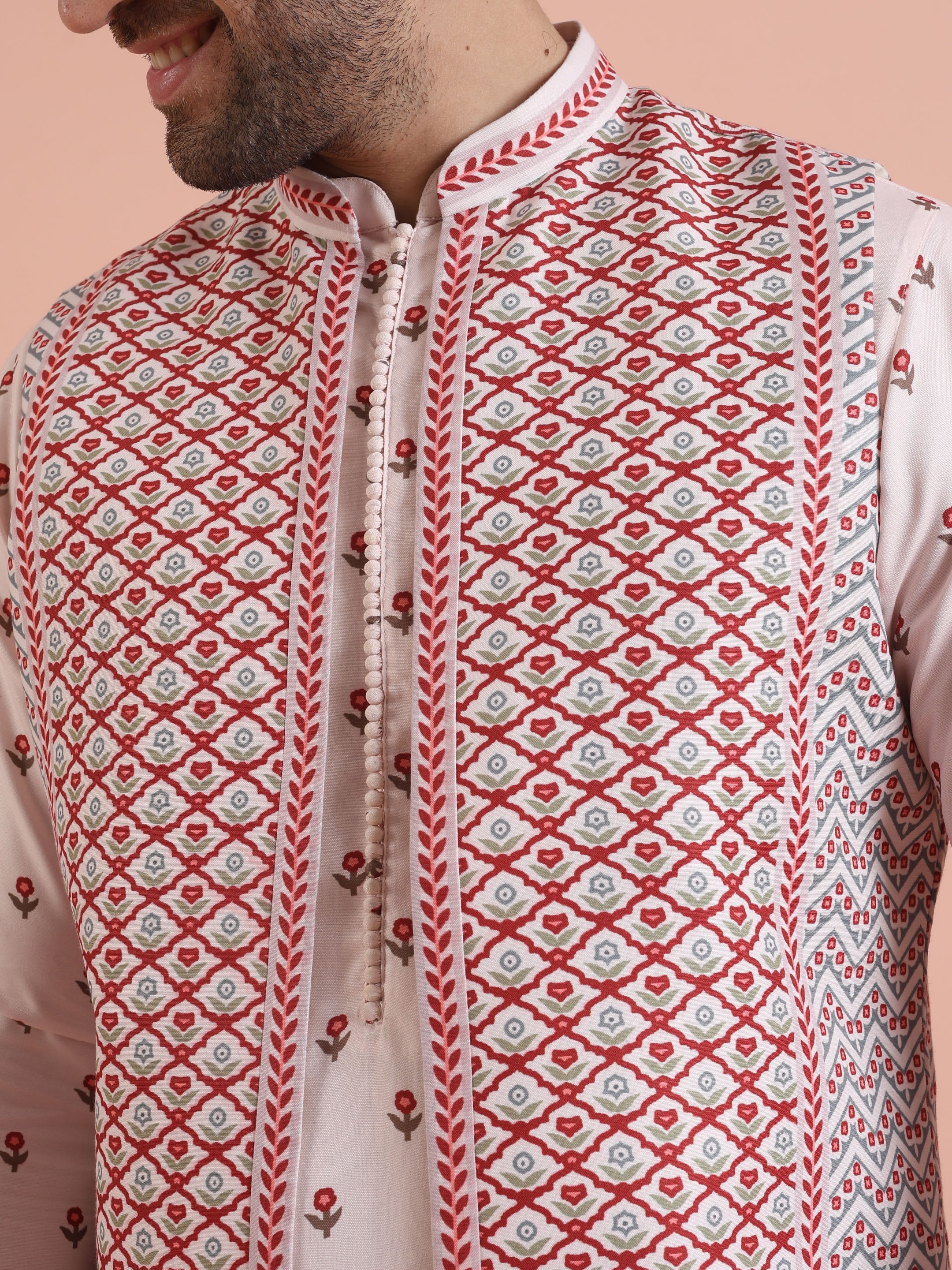 Cream Red Printed Nehru Jacket Kurta Set - Image 6