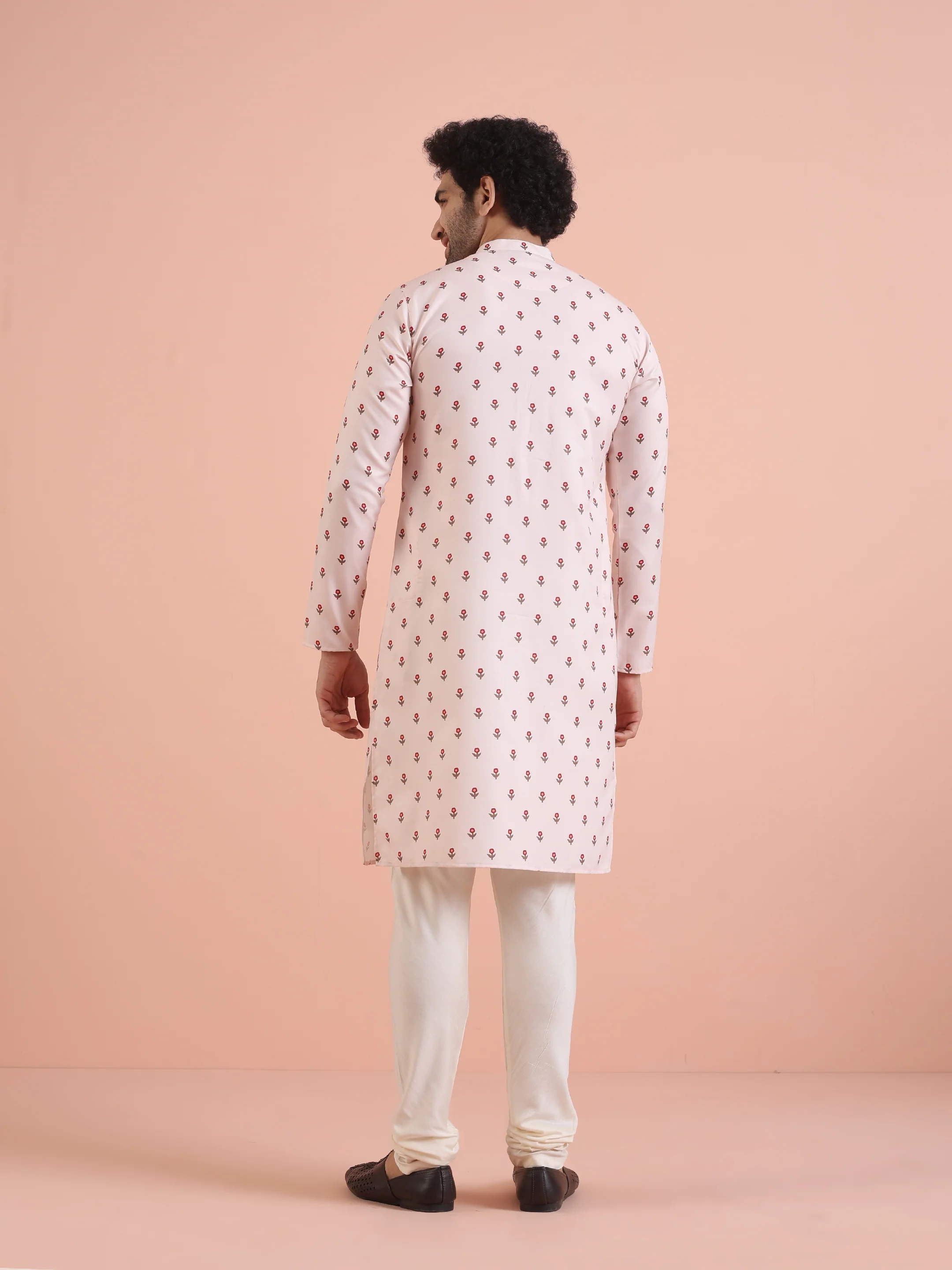 Men White Printed Floral Kurta Churidar Set - Image 4