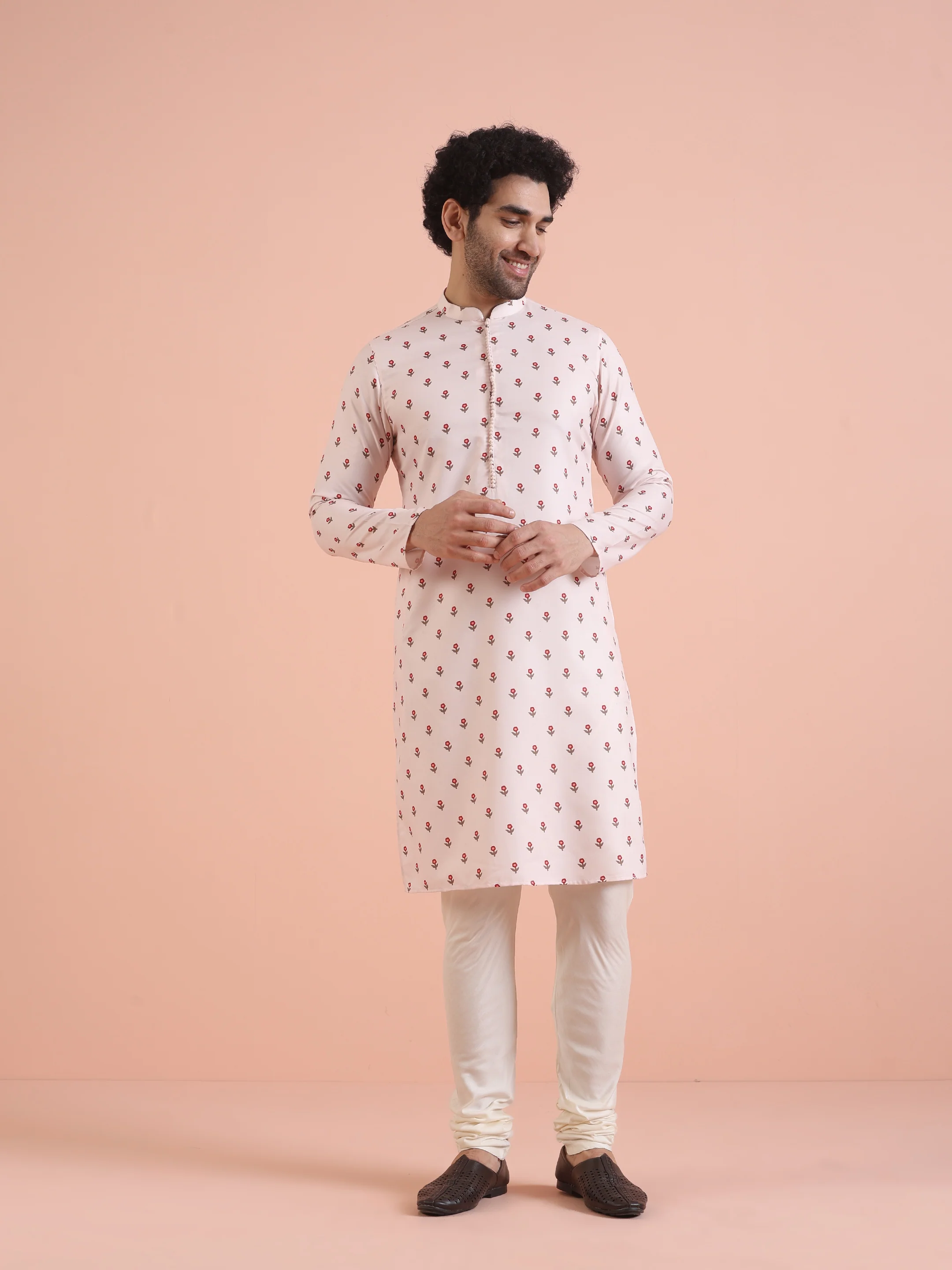 Men White Printed Floral Kurta Churidar Set - Image 8