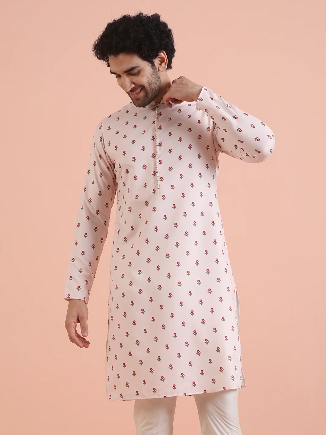 Men White Printed Floral Kurta