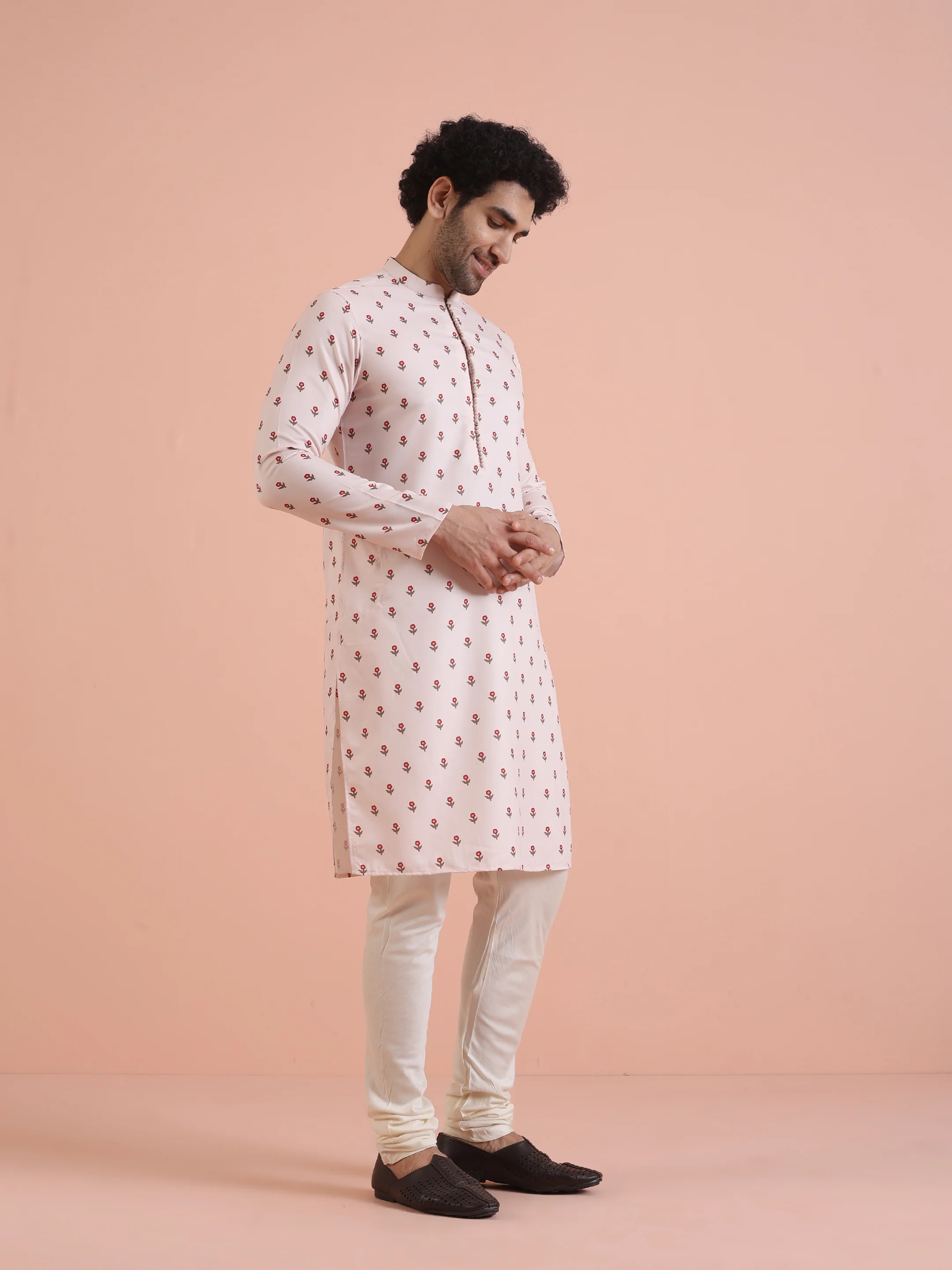 Men White Printed Floral Kurta - Image 2