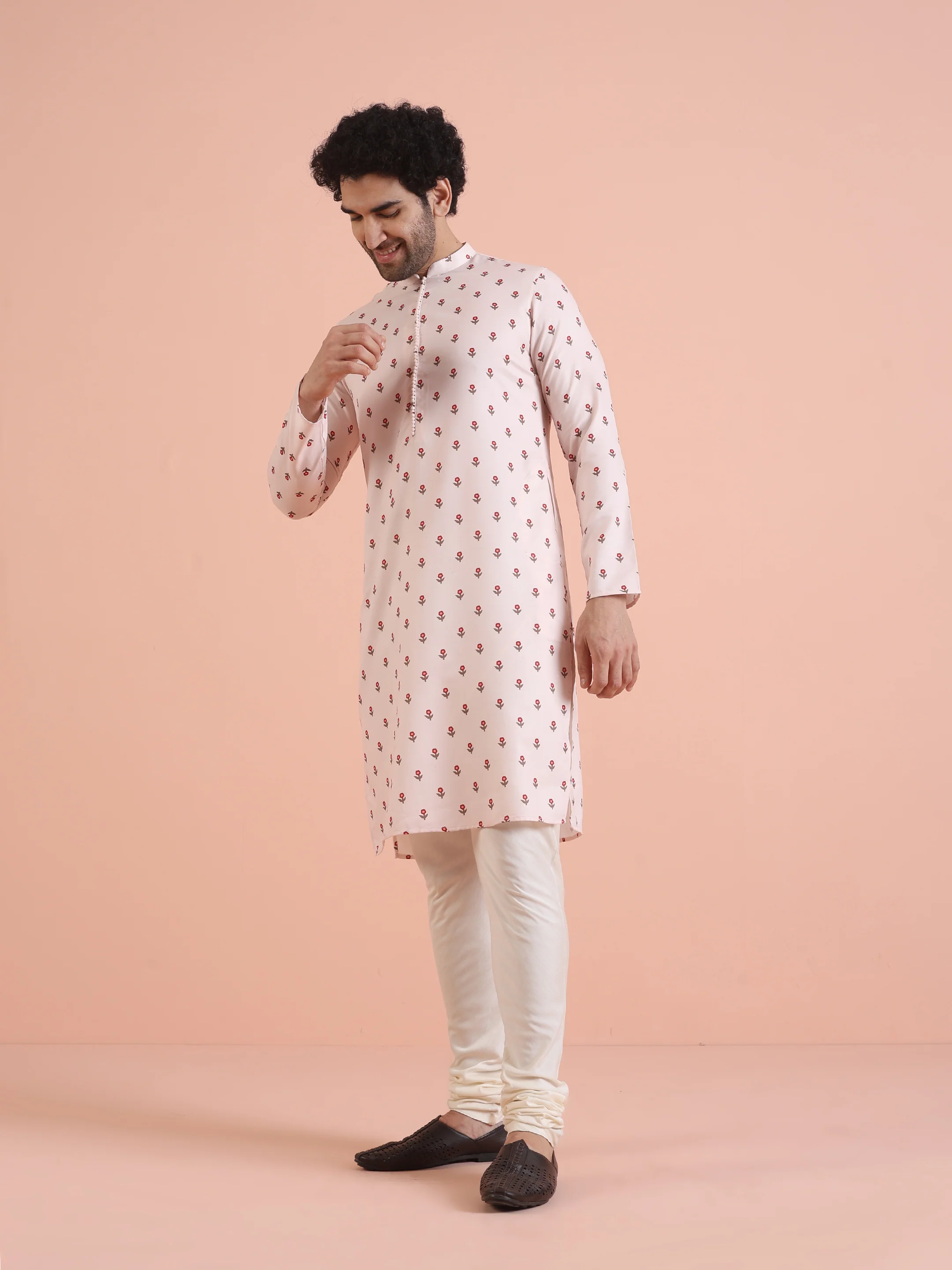 Men White Printed Floral Kurta - Image 3