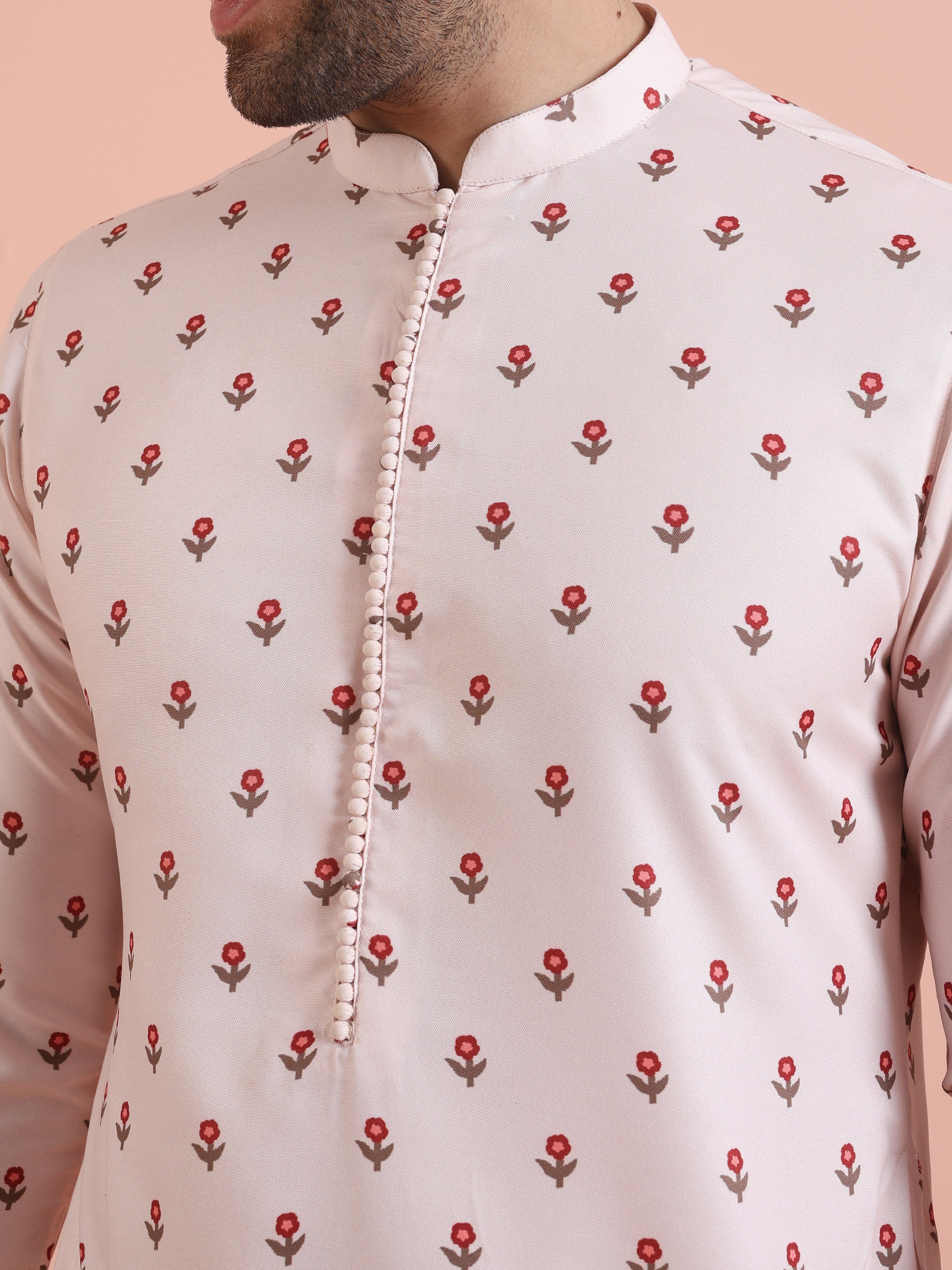Men White Printed Floral Kurta - Image 5