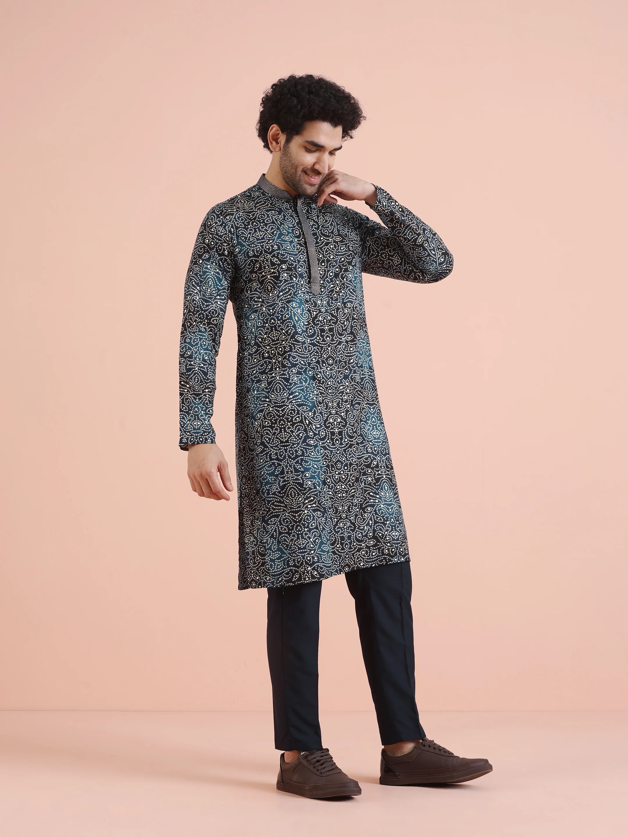 Black Printed Motif Silk Blend Kurta - Image 2