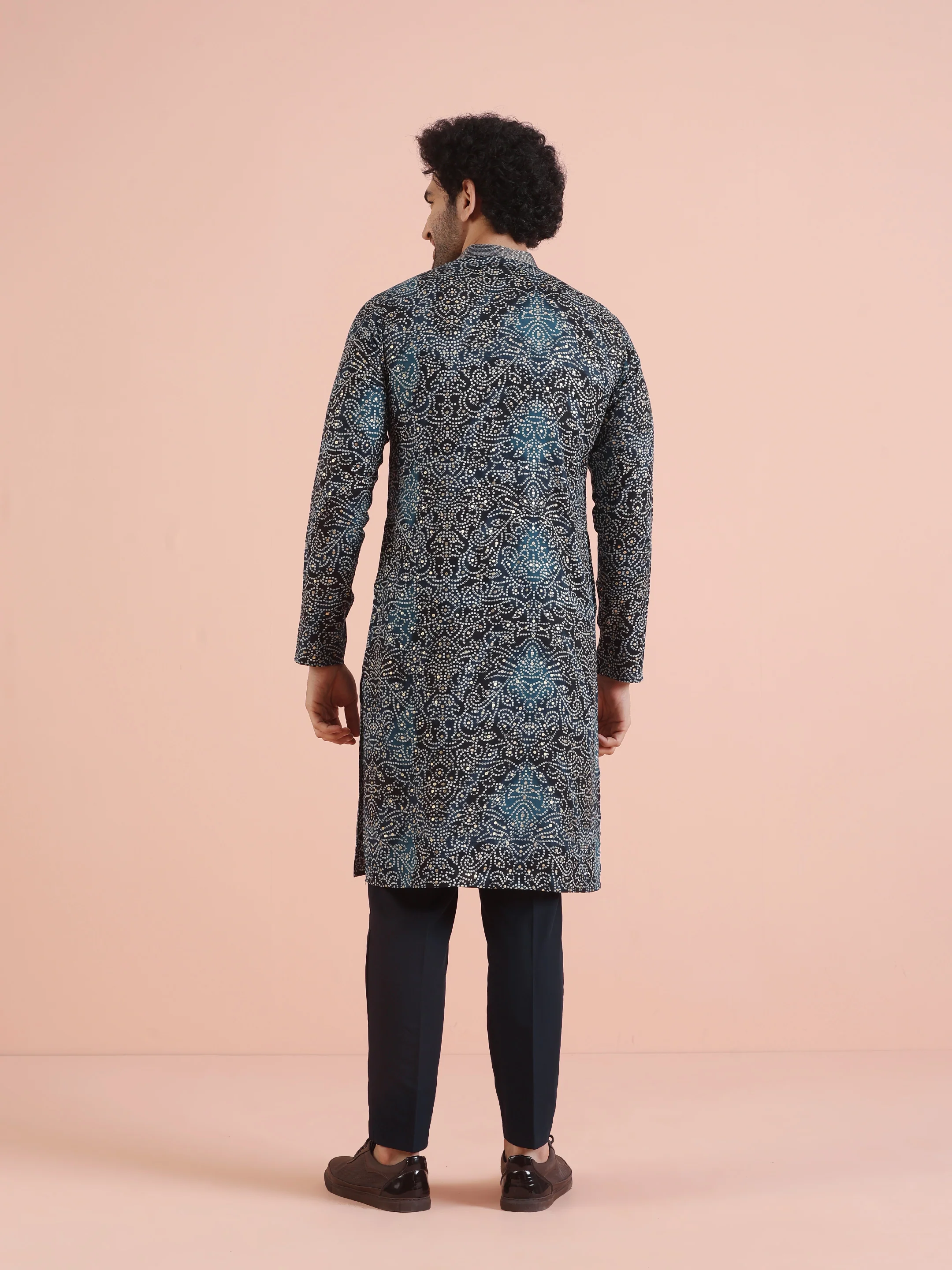 Black Printed Motif Silk Blend Kurta - Image 4