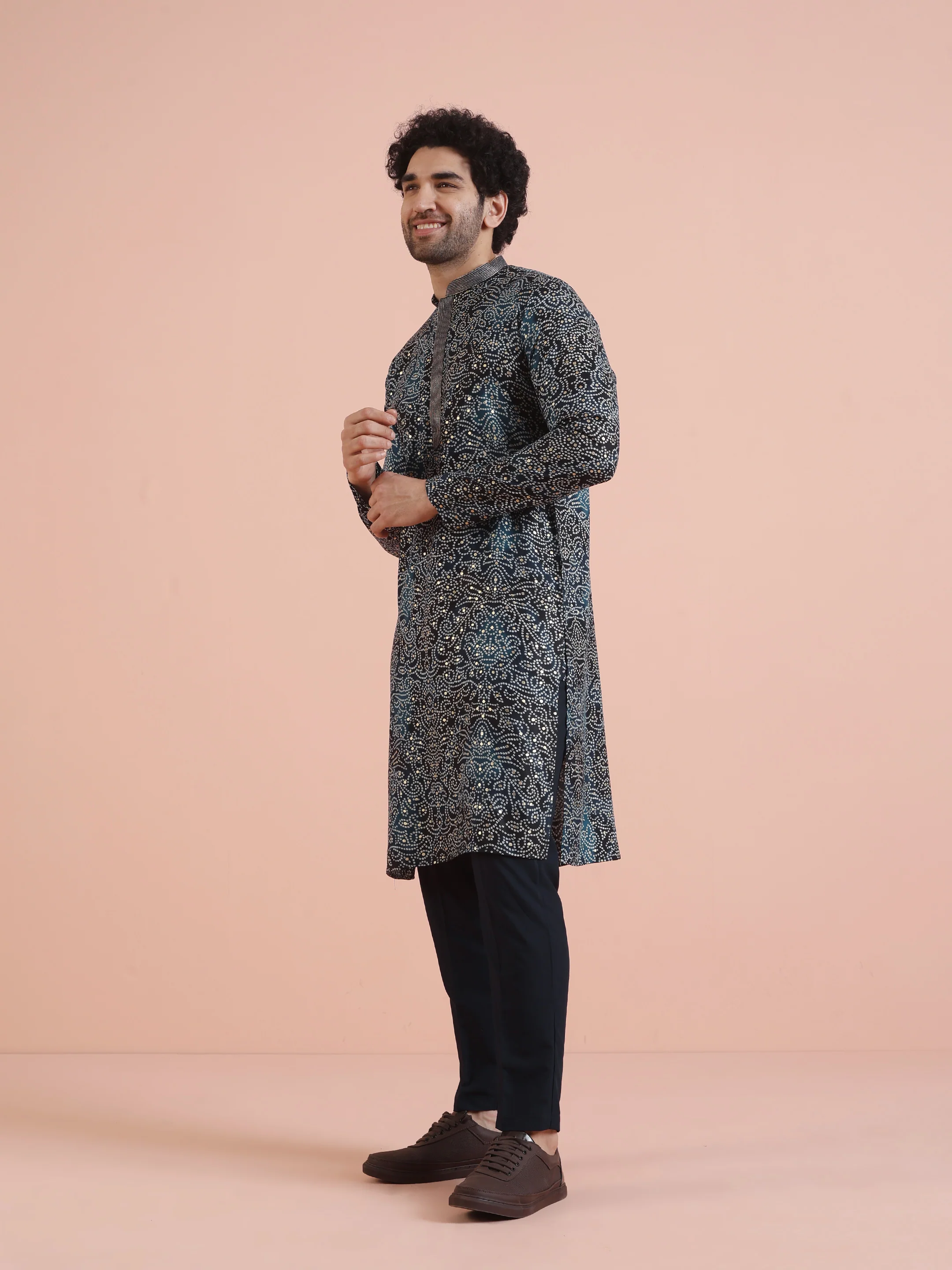 Navy Printed Sequin Kurta Trouser Set - Image 3