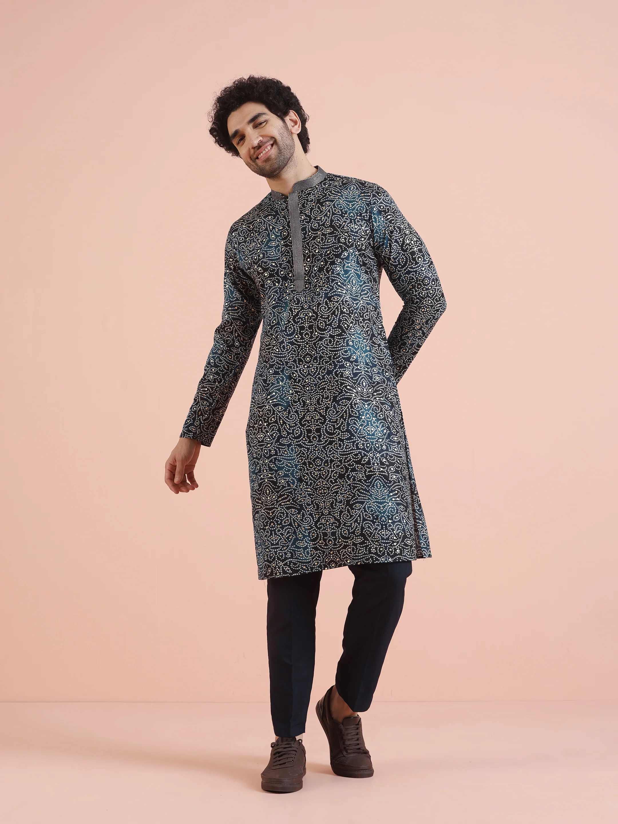 Navy Printed Sequin Kurta Trouser Set - Image 7