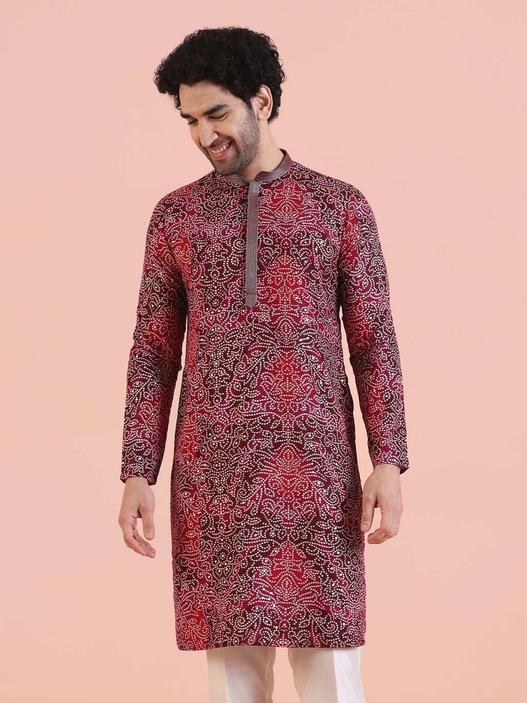 Red Cotton Silk Printed Kurta