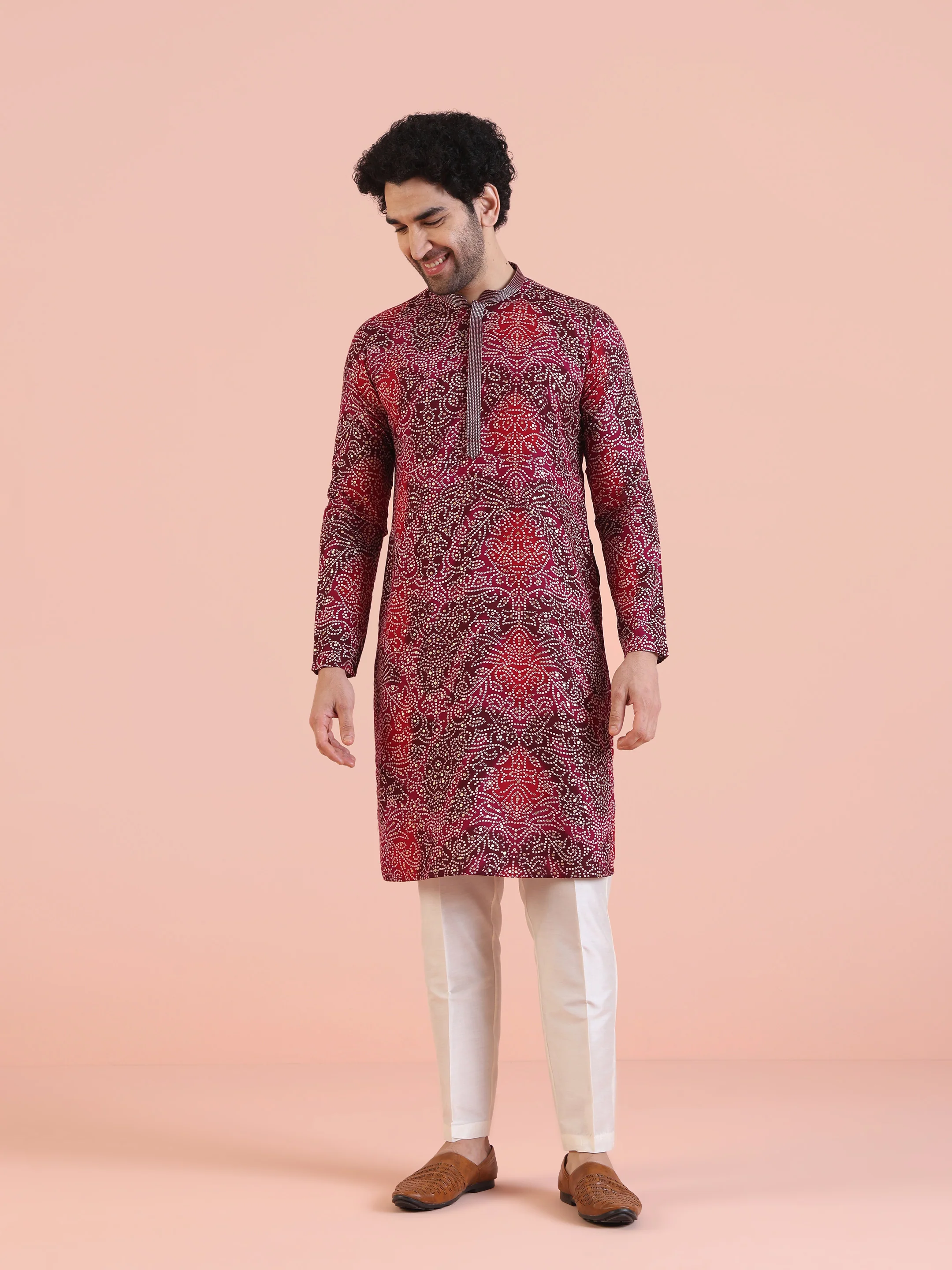 Red Cotton Silk Printed Kurta - Image 7