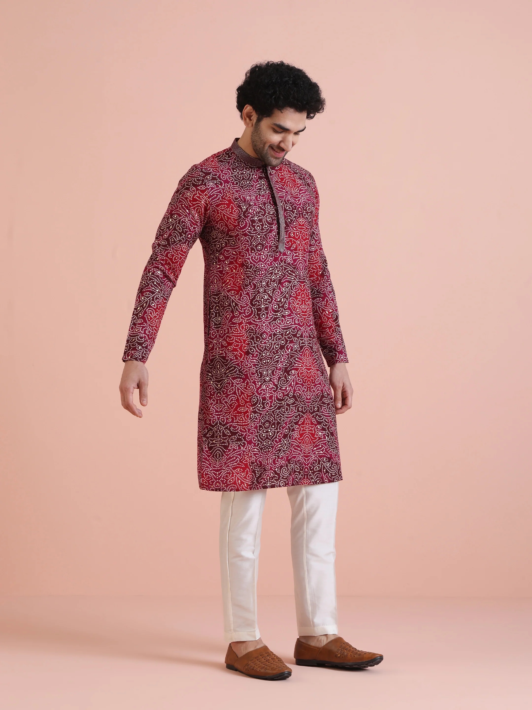 Red Silk Blend Printed Kurta White Trouser - Image 2